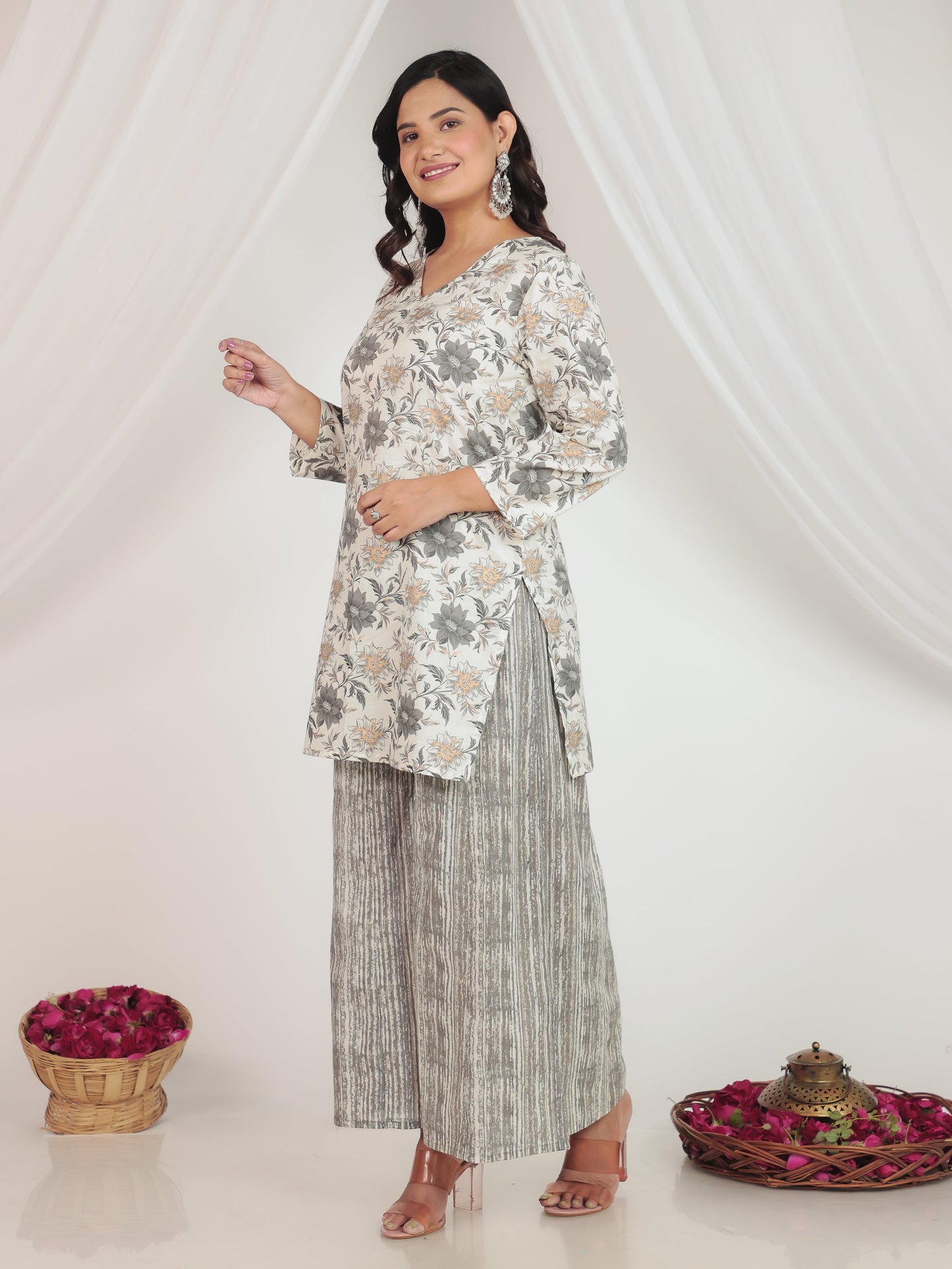 Soft Cotton Gold foil Straight White Kurta