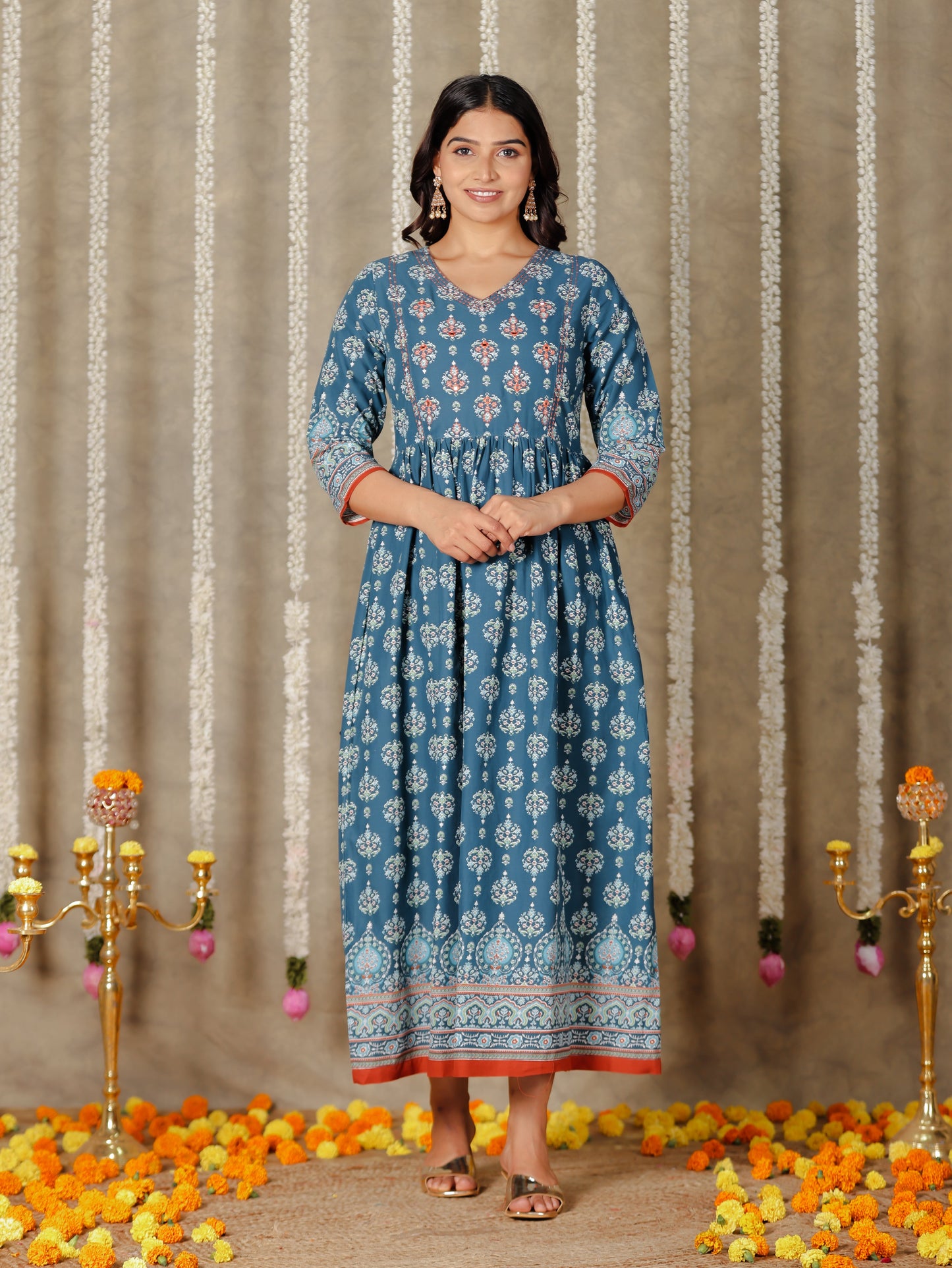 Soft Cotton Floral A-line Blue Kurta