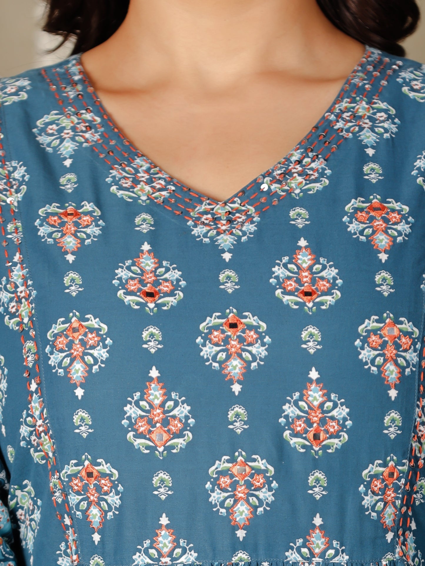 Soft Cotton Floral A-line Blue Kurta
