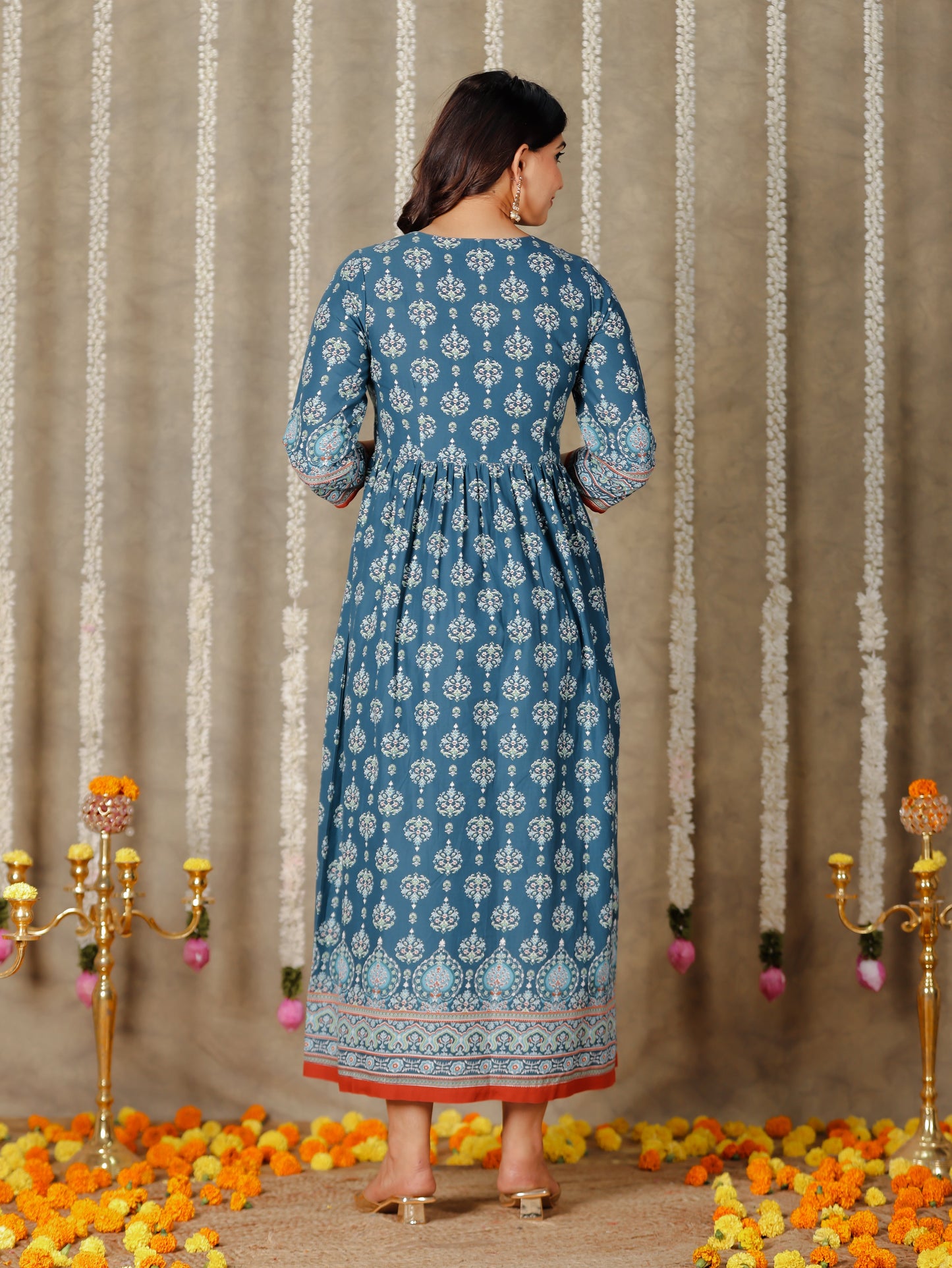 Soft Cotton Floral A-line Blue Kurta