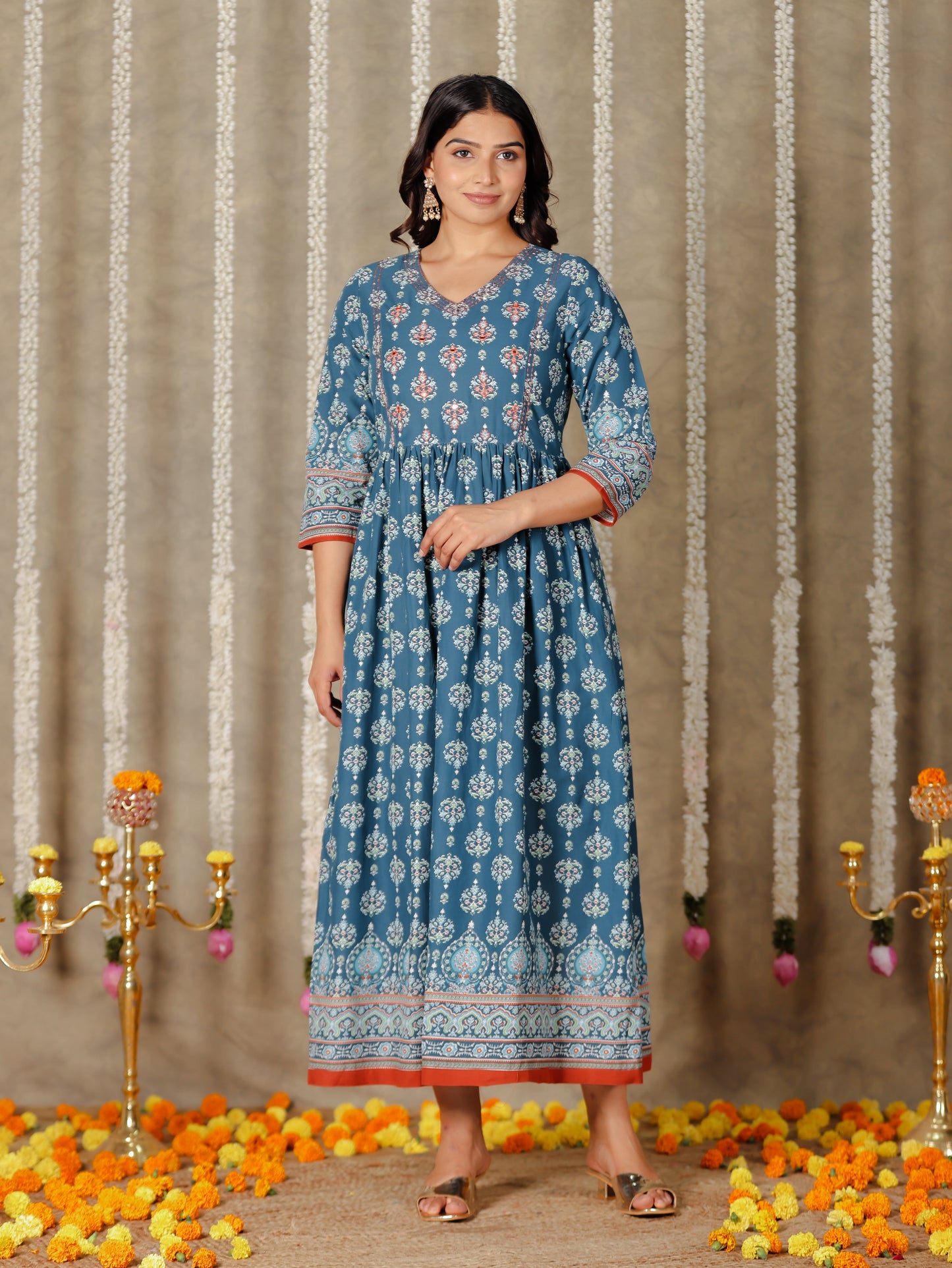 Soft Cotton Floral A-line Blue Kurta