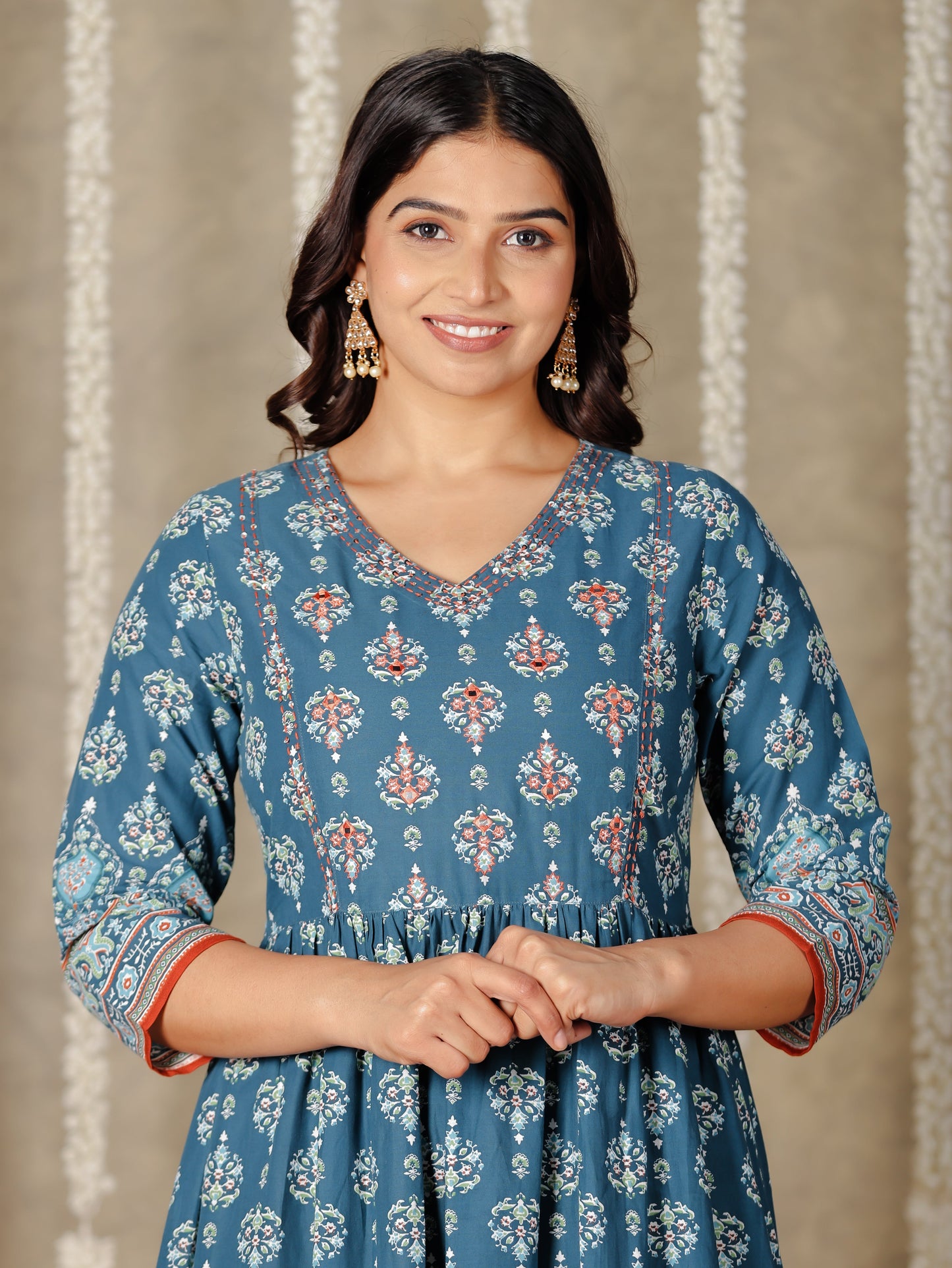 Soft Cotton Floral A-line Blue Kurta
