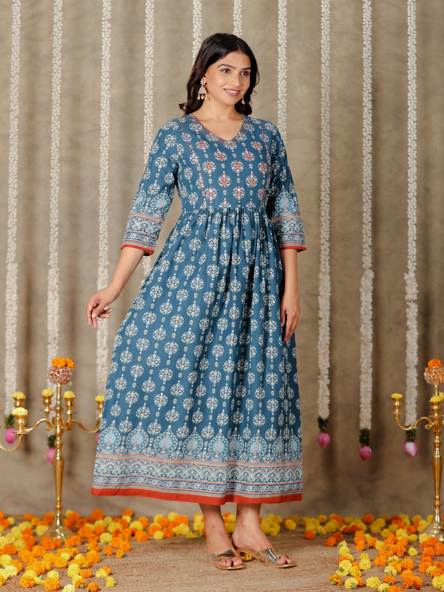 Soft Cotton Floral A-line Blue Kurta