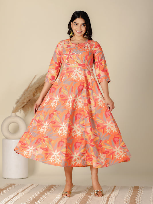 Blend Cotton Floral Anarkali Orange Dress