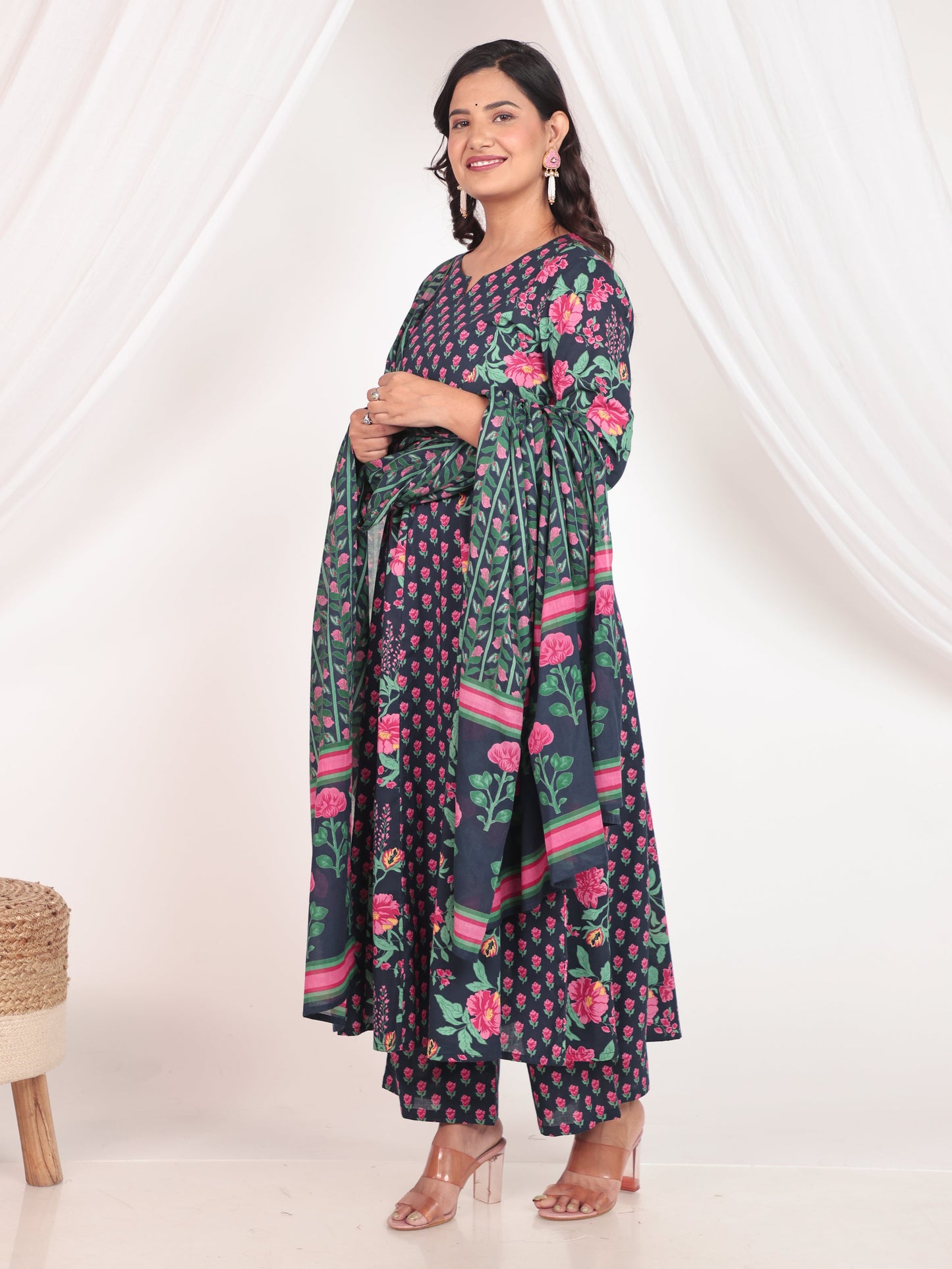 Soft Cotton Floral Blue Dupatta