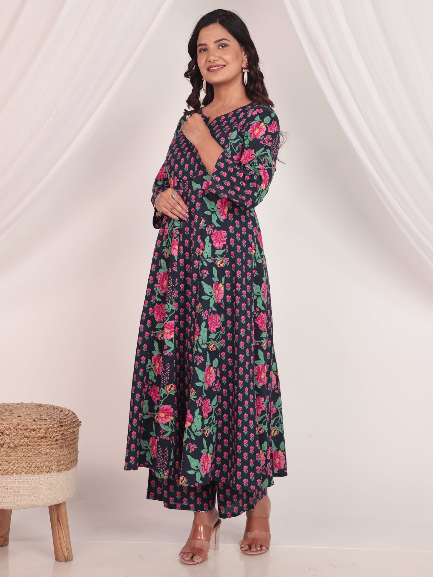 Soft Cotton Floral Anarkali Blue Kurta