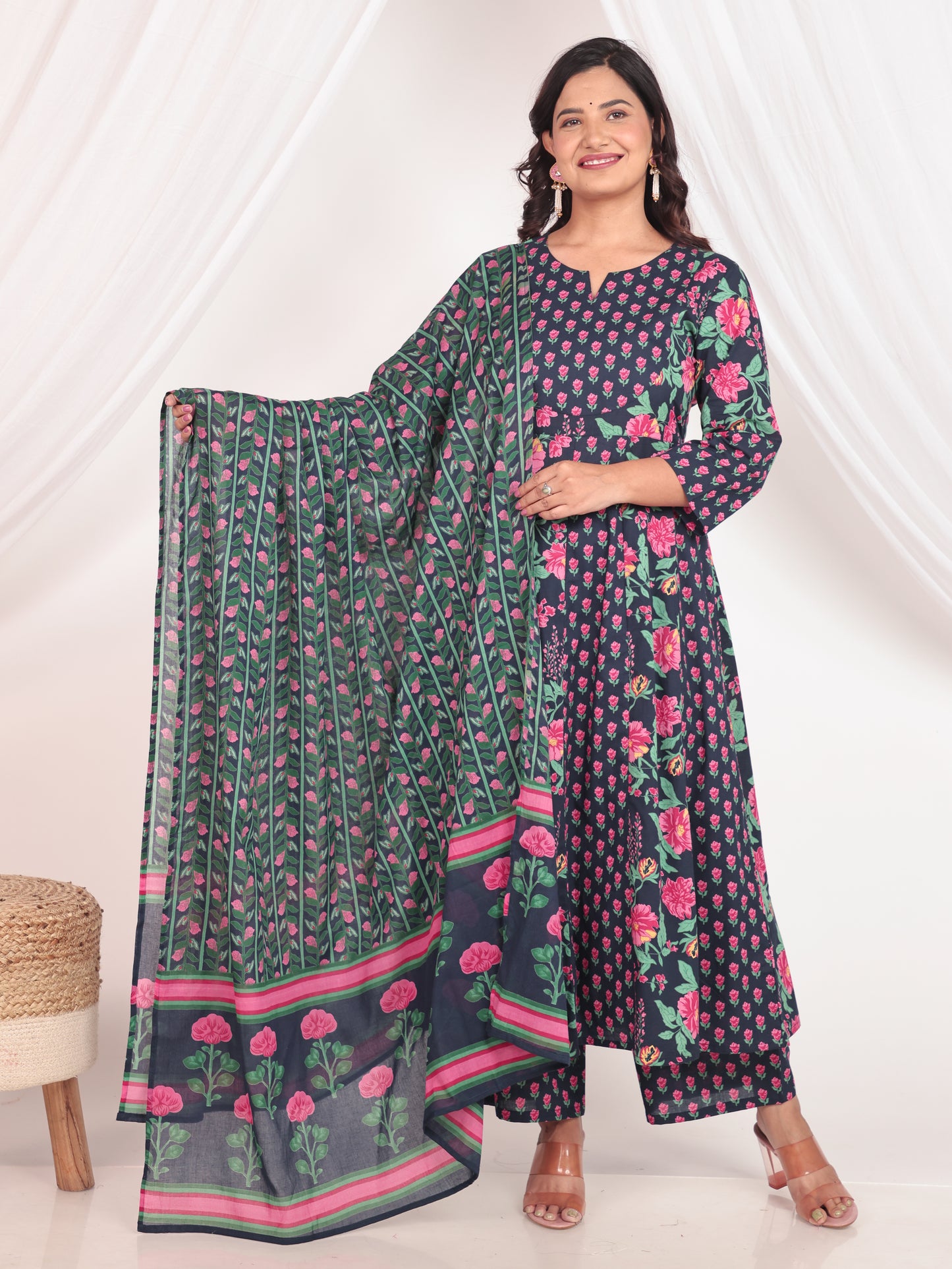 Soft Cotton Floral Anarkali Blue Kurta