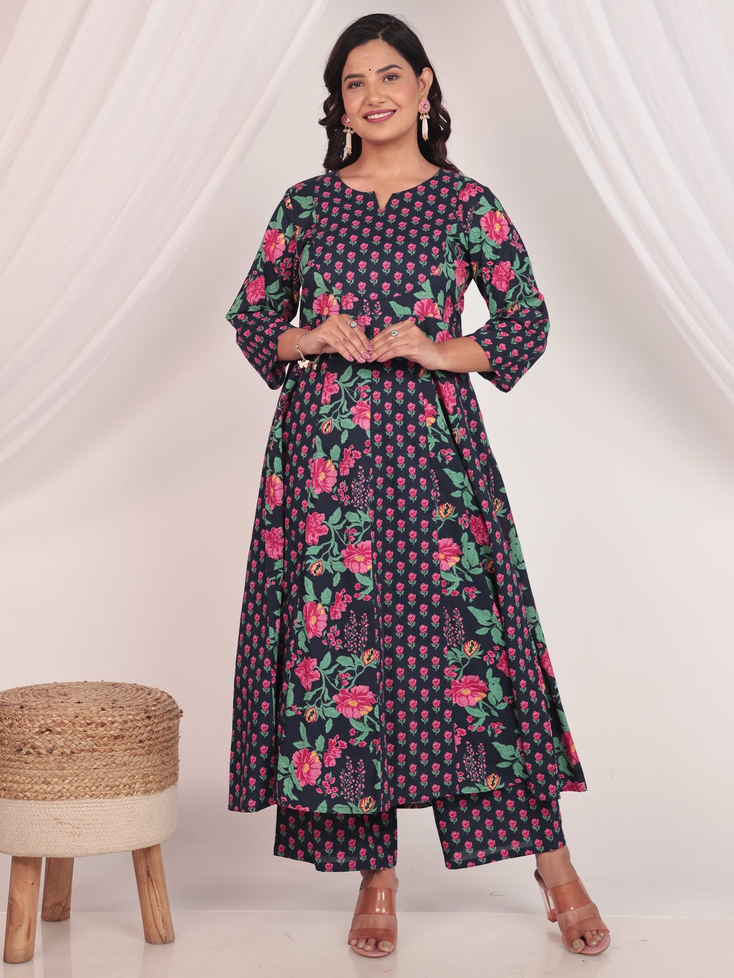 Soft Cotton Floral Anarkali Blue Kurta