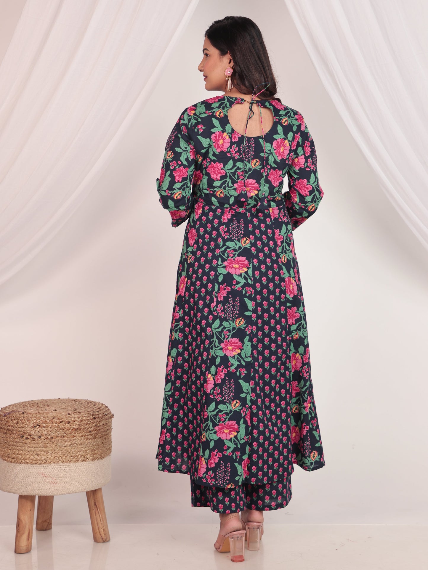 Soft Cotton Floral Anarkali Blue Kurta