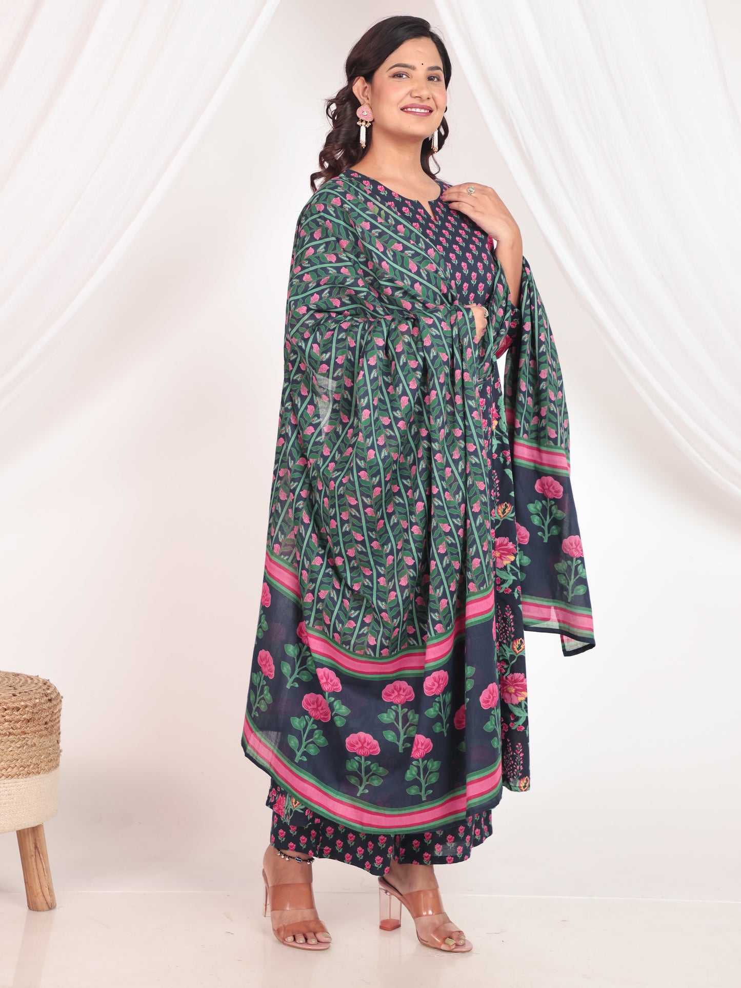 Soft Cotton Floral Anarkali Blue Kurta