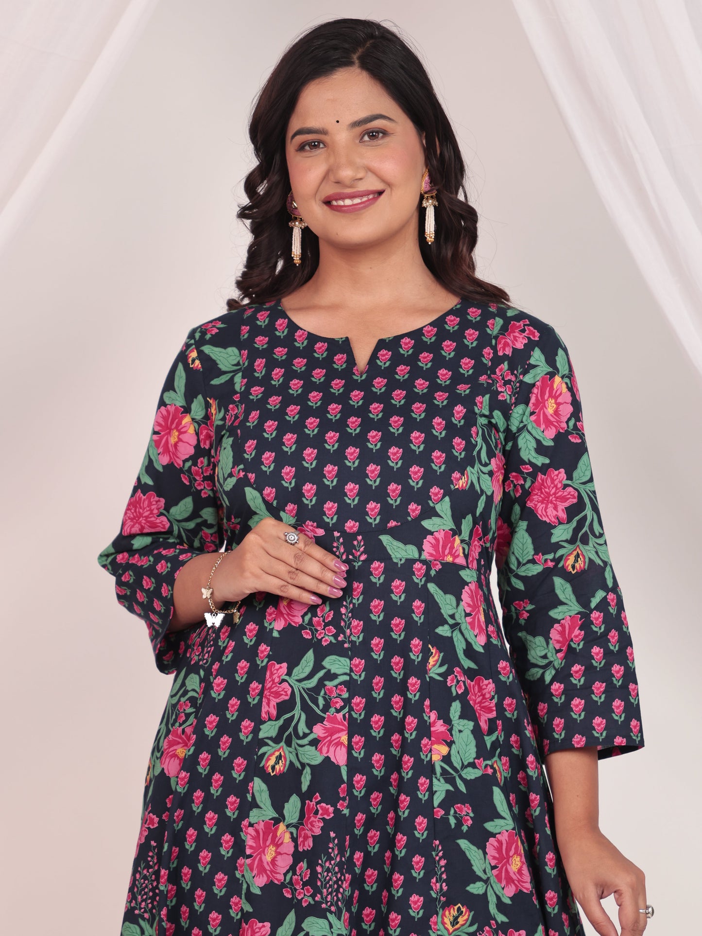 Soft Cotton Floral Anarkali Blue Kurta
