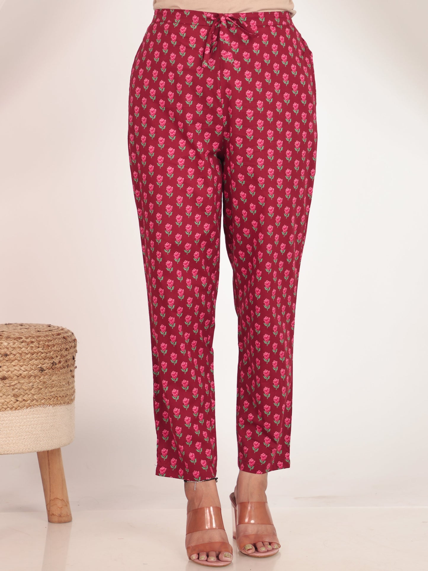 Soft Cotton Floral Maroon Tapered Trousers