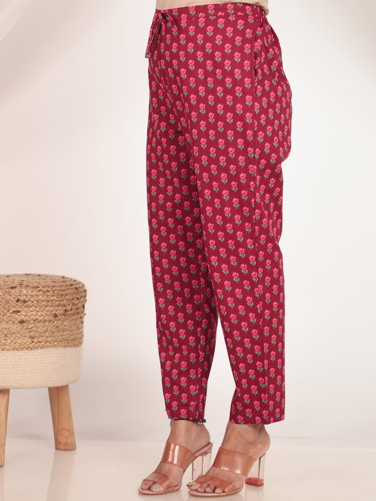 Soft Cotton Floral Maroon Tapered Trousers