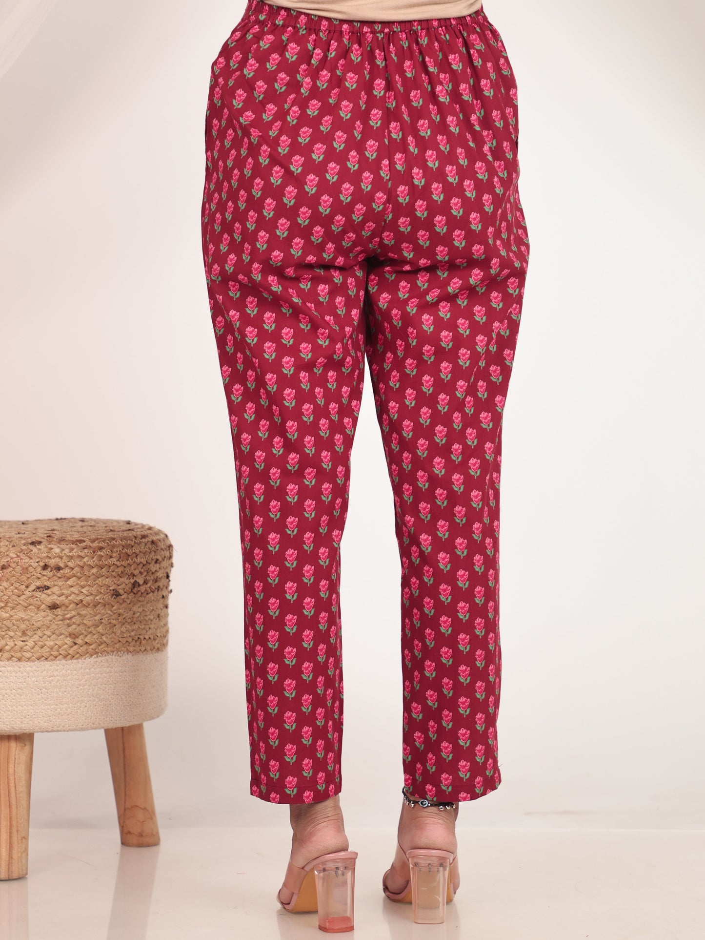 Soft Cotton Floral Maroon Tapered Trousers