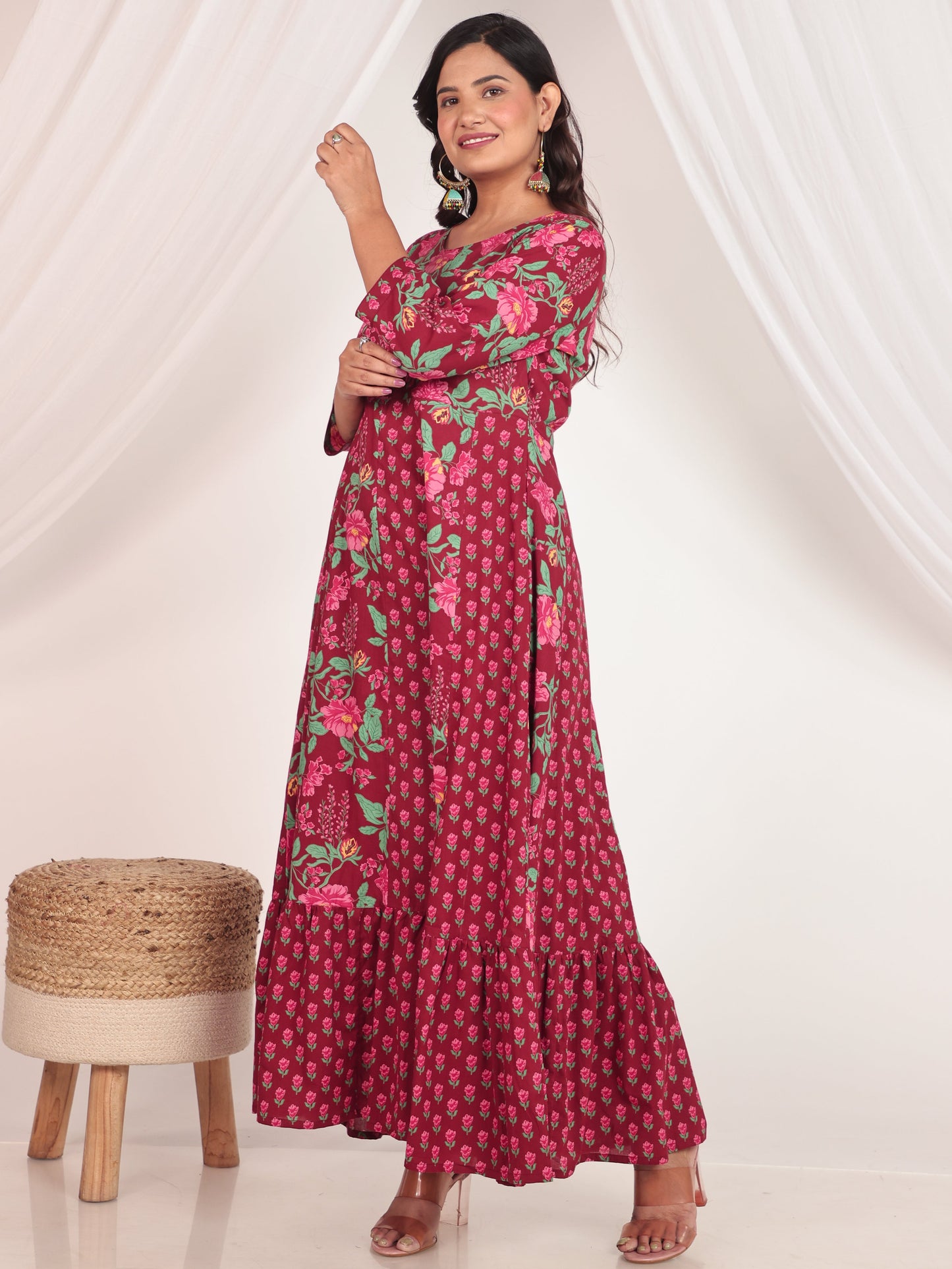 Soft Cotton Floral Anarkali Maroon Kurta