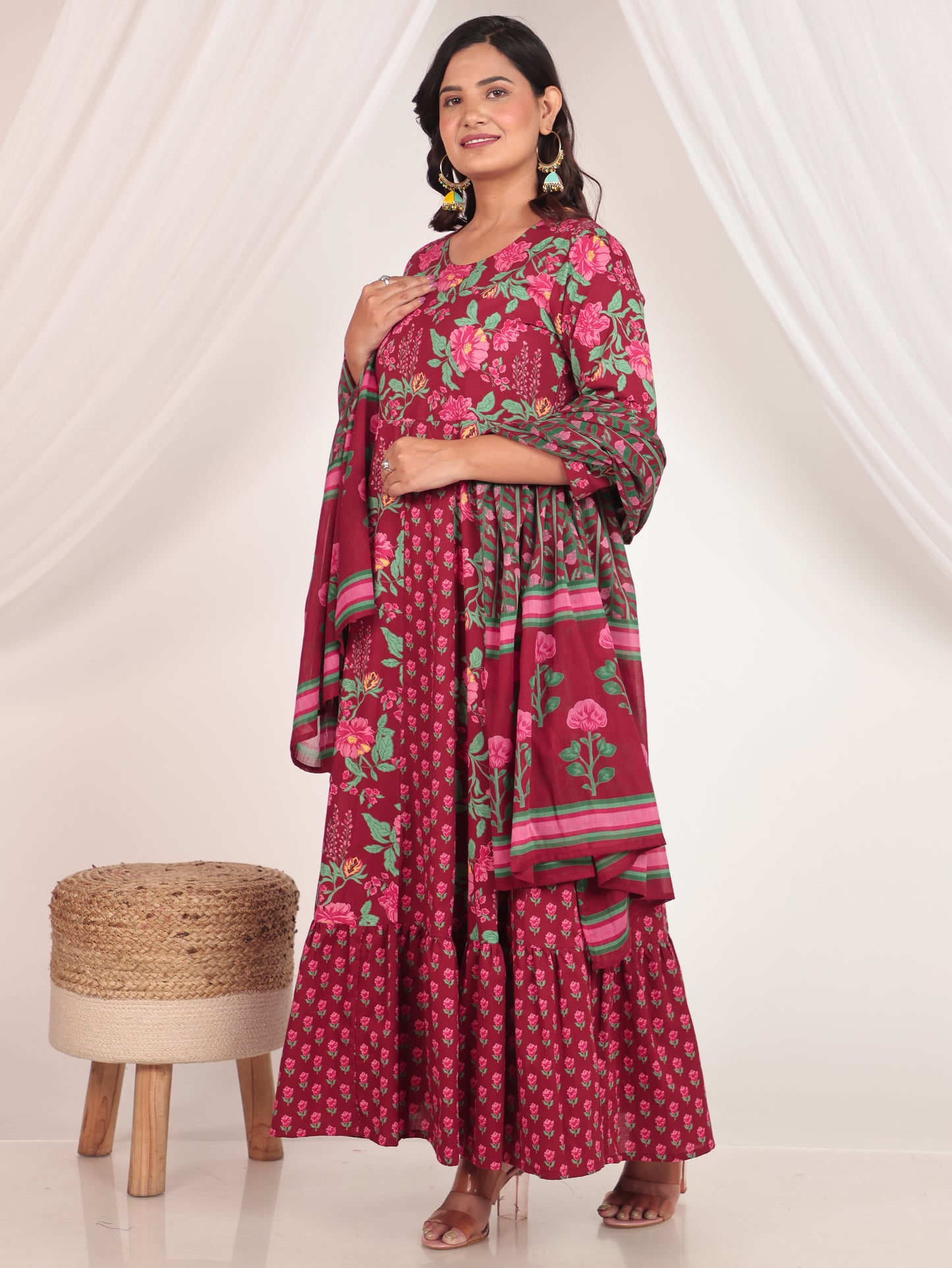 Soft Cotton Floral Anarkali Maroon Kurta