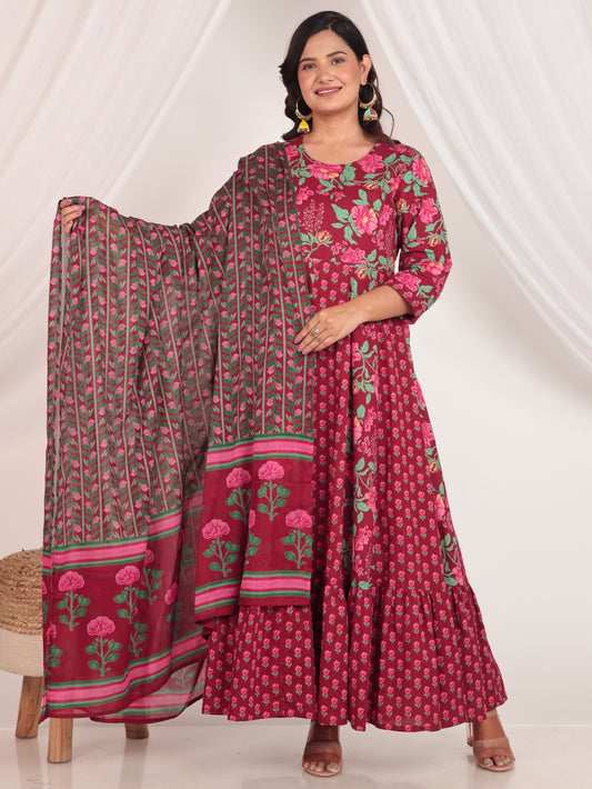 Soft Cotton Floral Anarkali Maroon Kurta
