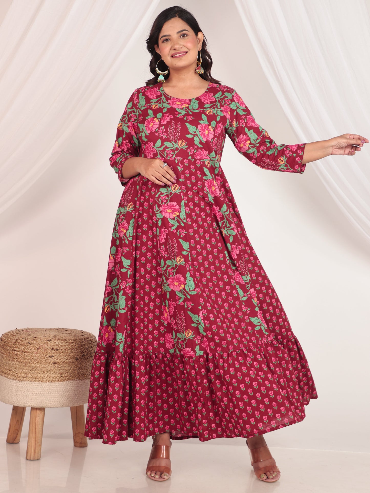 Soft Cotton Floral Anarkali Maroon Kurta