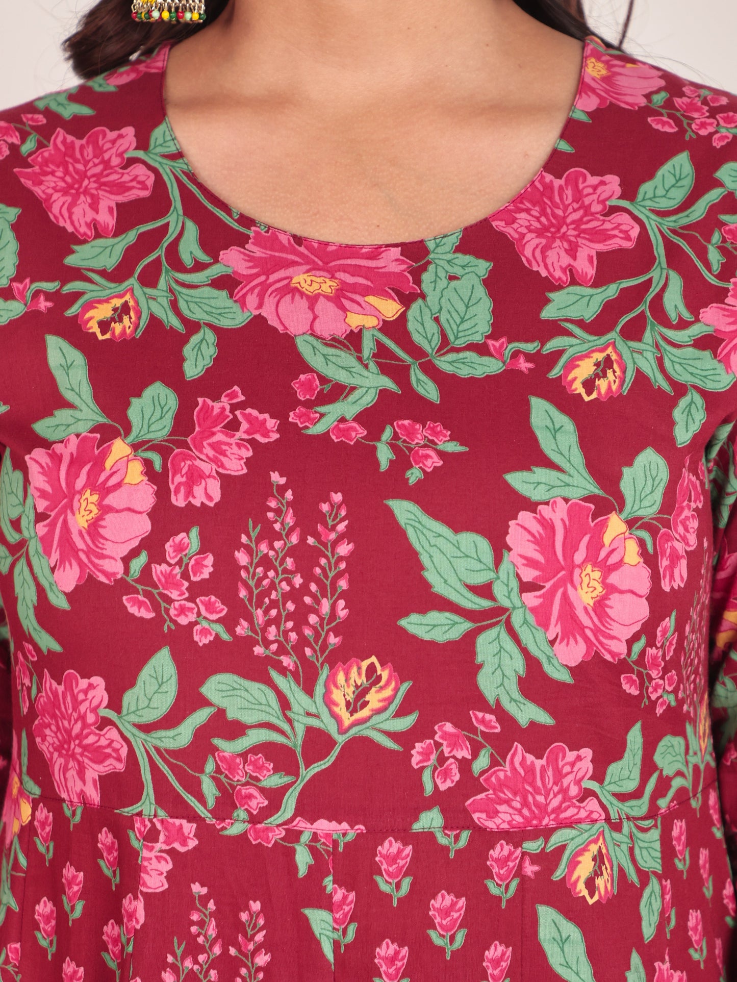Soft Cotton Floral Anarkali Maroon Kurta