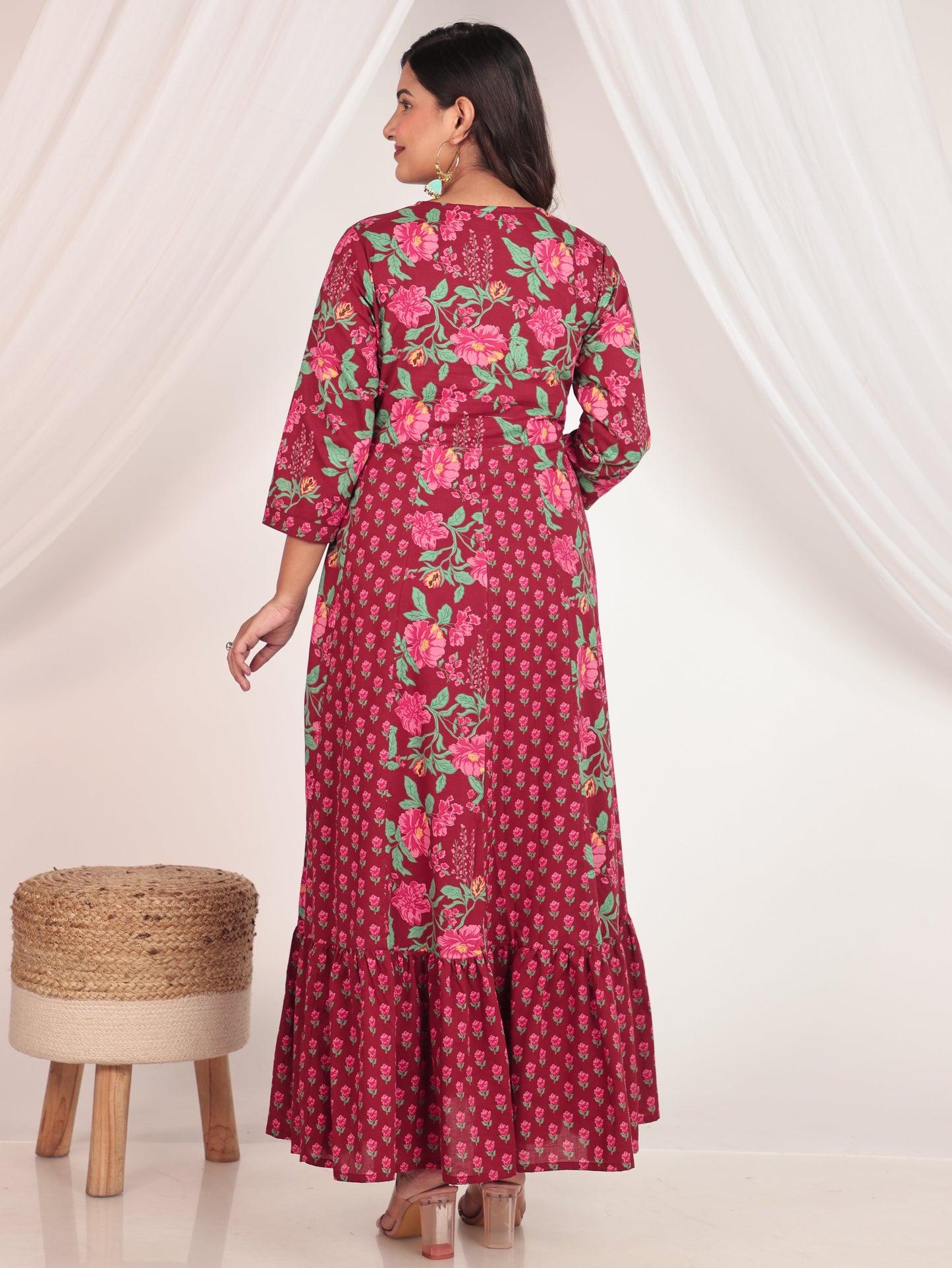 Soft Cotton Floral Anarkali Maroon Kurta