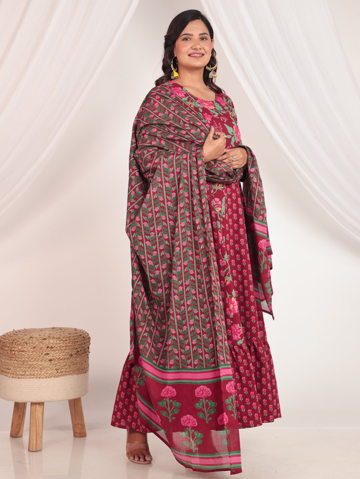 Soft Cotton Floral Anarkali Maroon Kurta
