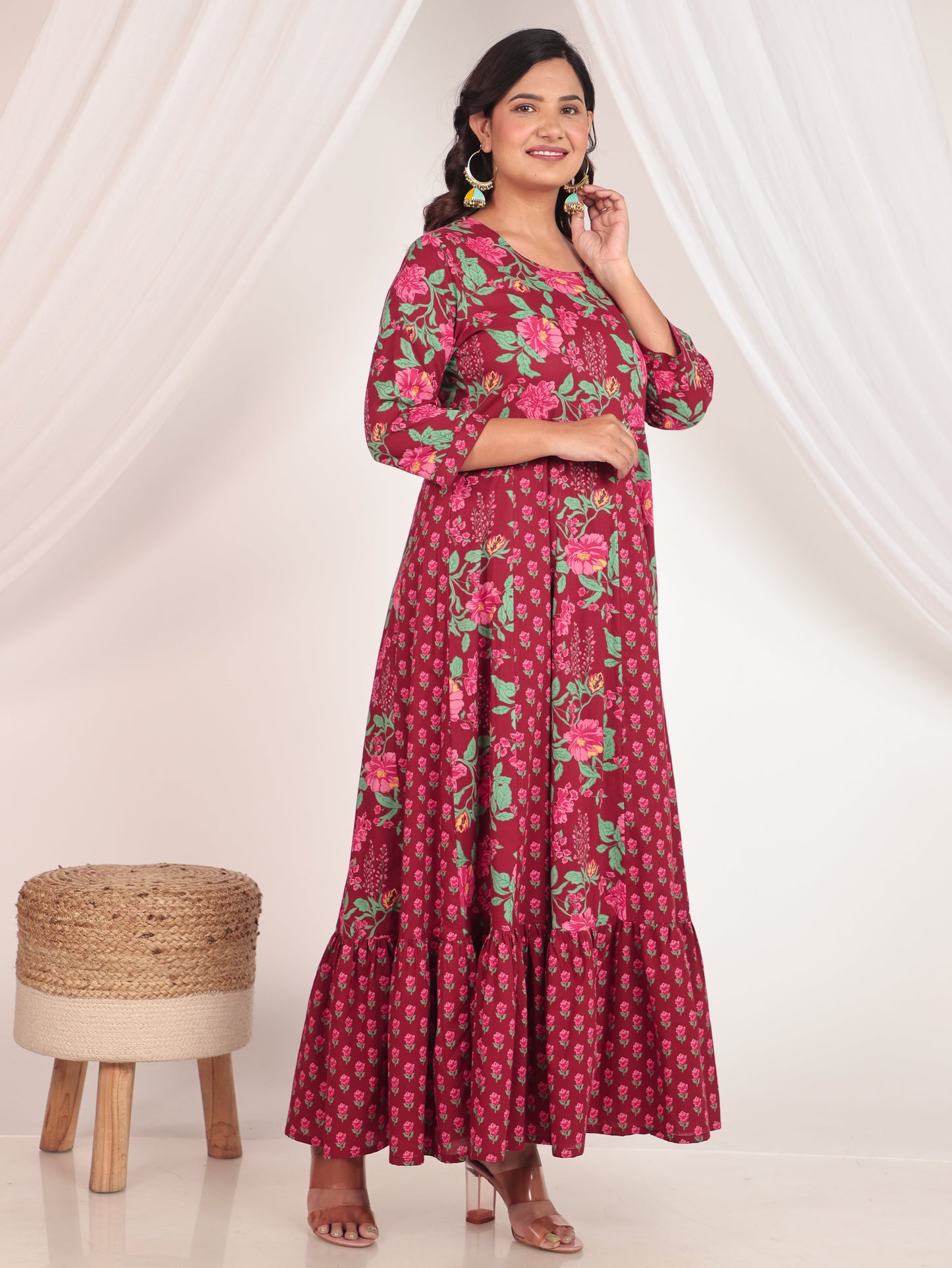 Soft Cotton Floral Anarkali Maroon Kurta