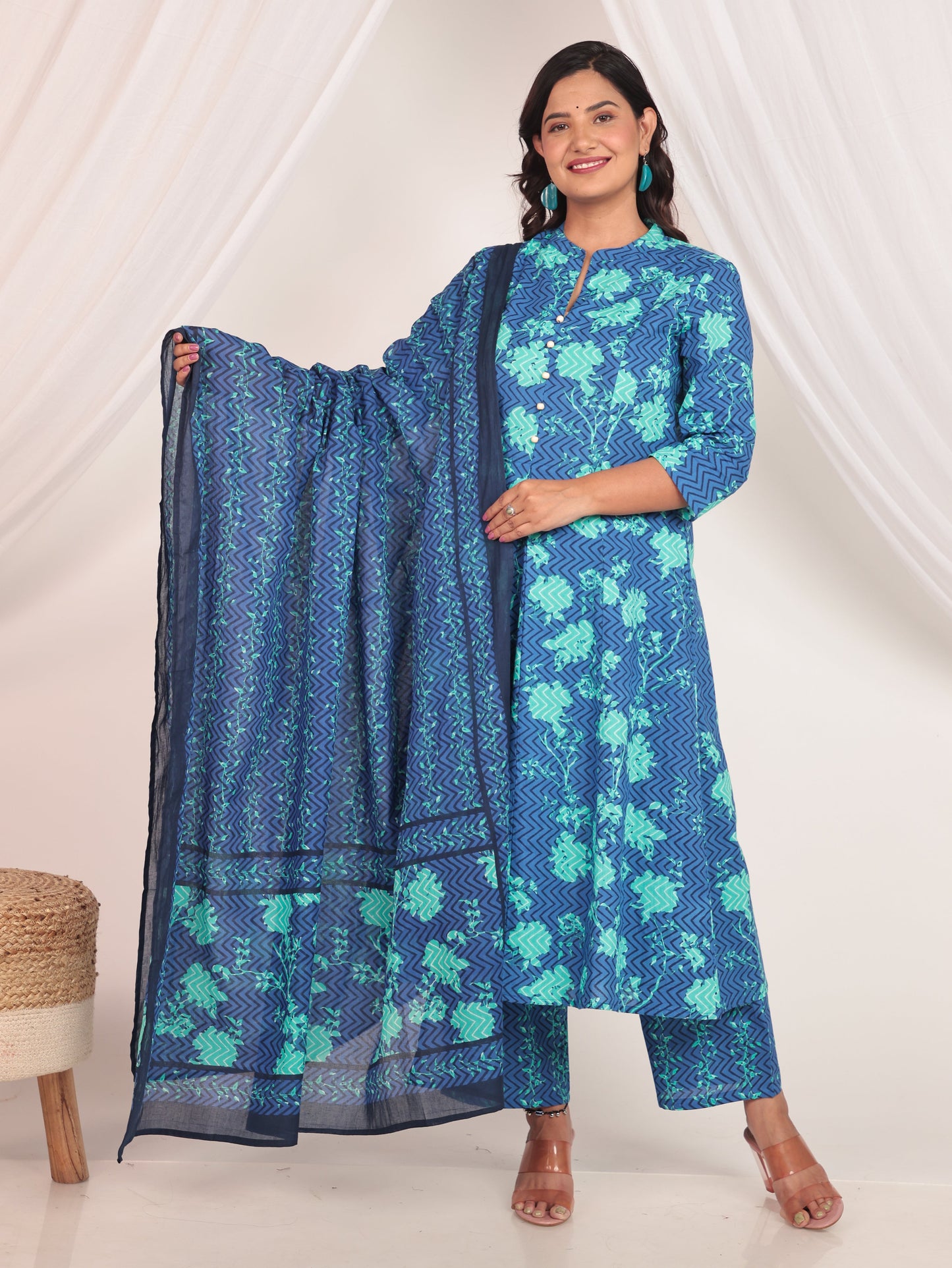 Voile Cotton Floral Blue Dupatta