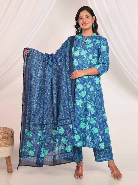 Voile Cotton Floral Blue Dupatta