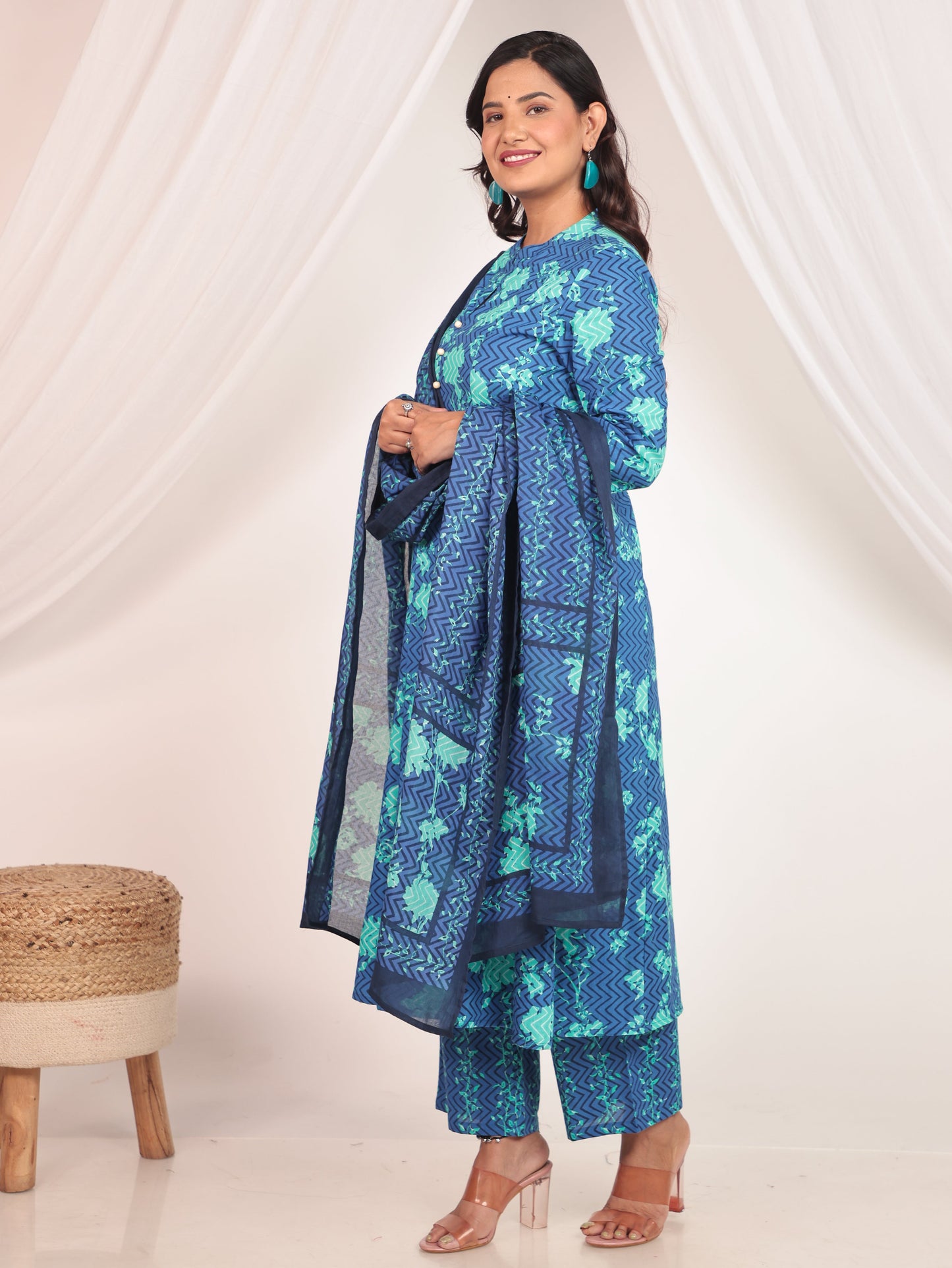 Soft Cotton Floral Flared Blue Kurta