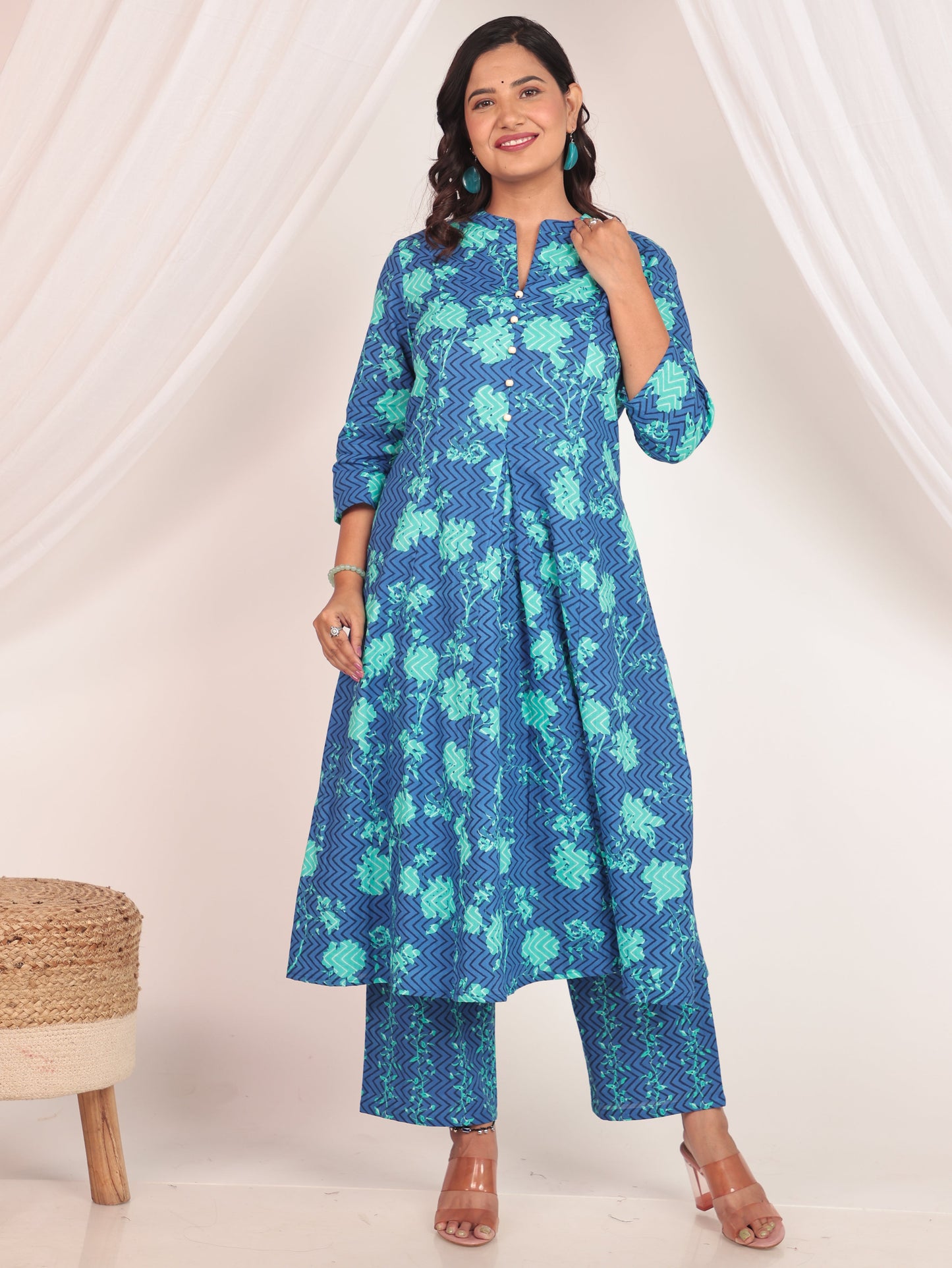 Soft Cotton Floral Flared Blue Kurta