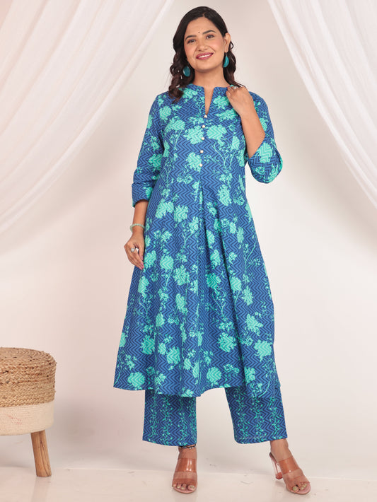 Soft Cotton Floral Flared Blue Kurta