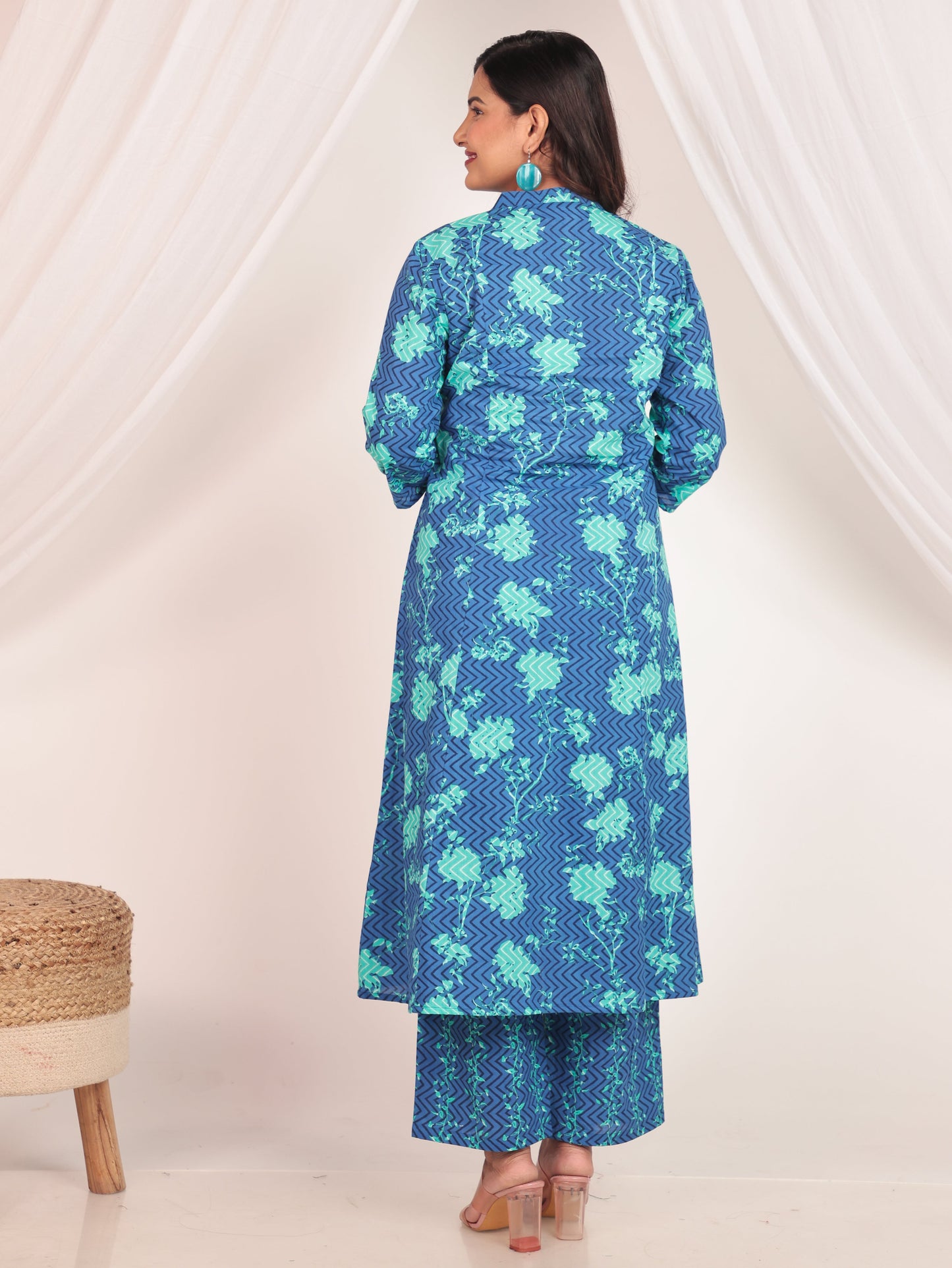 Soft Cotton Floral Flared Blue Kurta