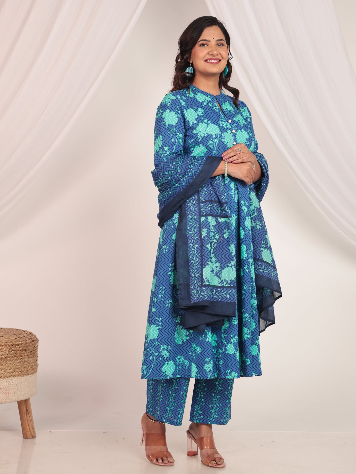 Soft Cotton Floral Flared Blue Kurta