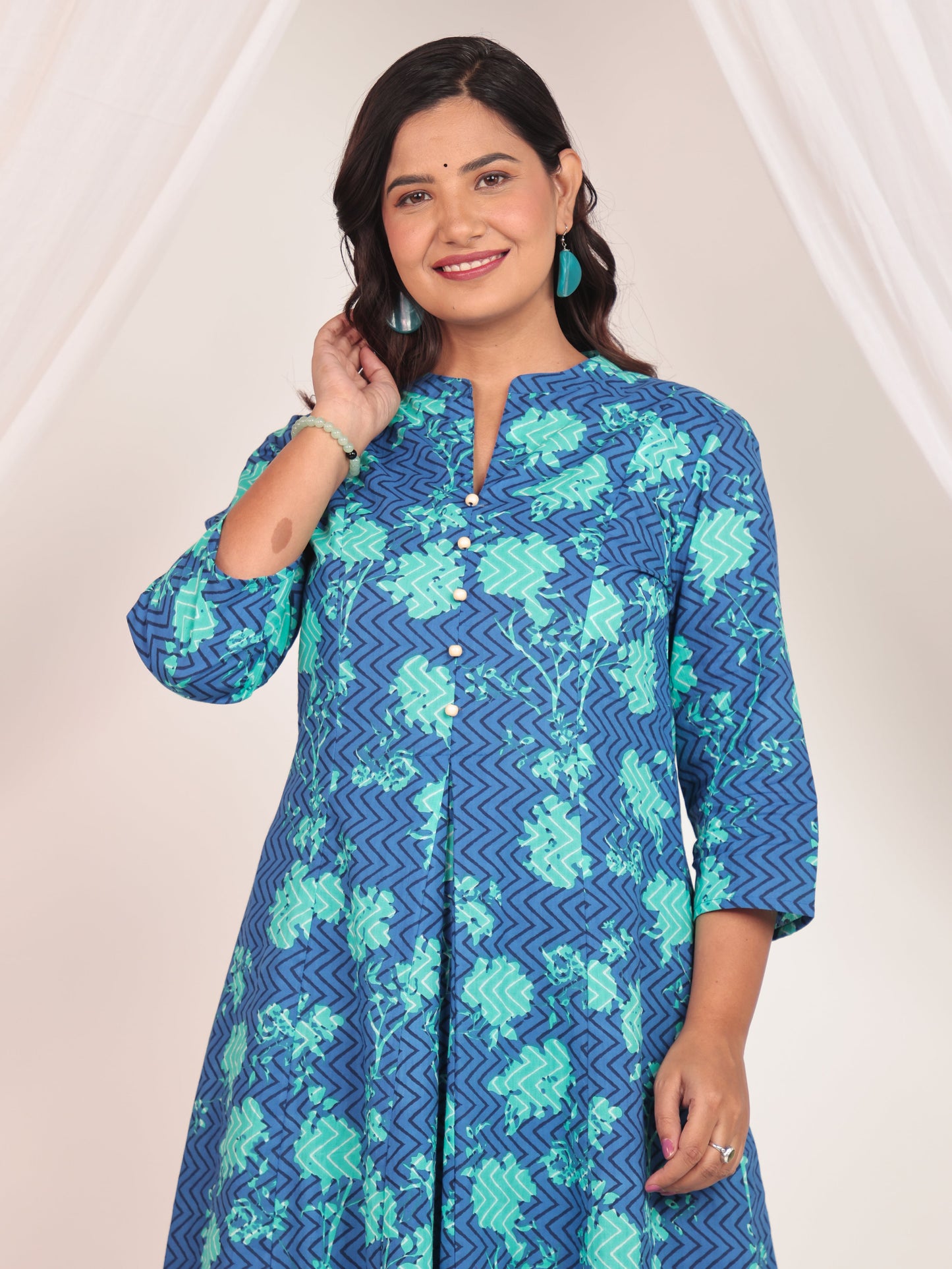 Soft Cotton Floral Flared Blue Kurta