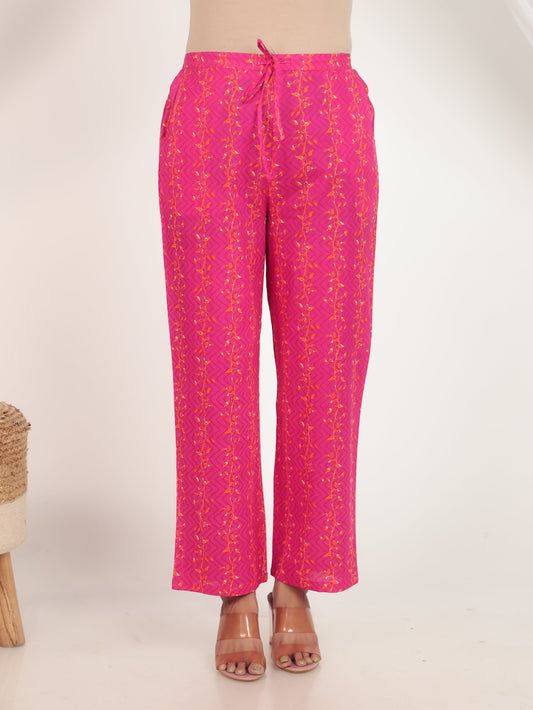 Soft Cotton Floral Pink Straight Trousers