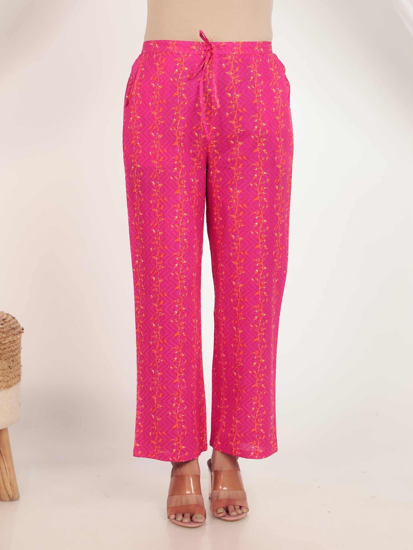 Soft Cotton Floral Pink Straight Trousers