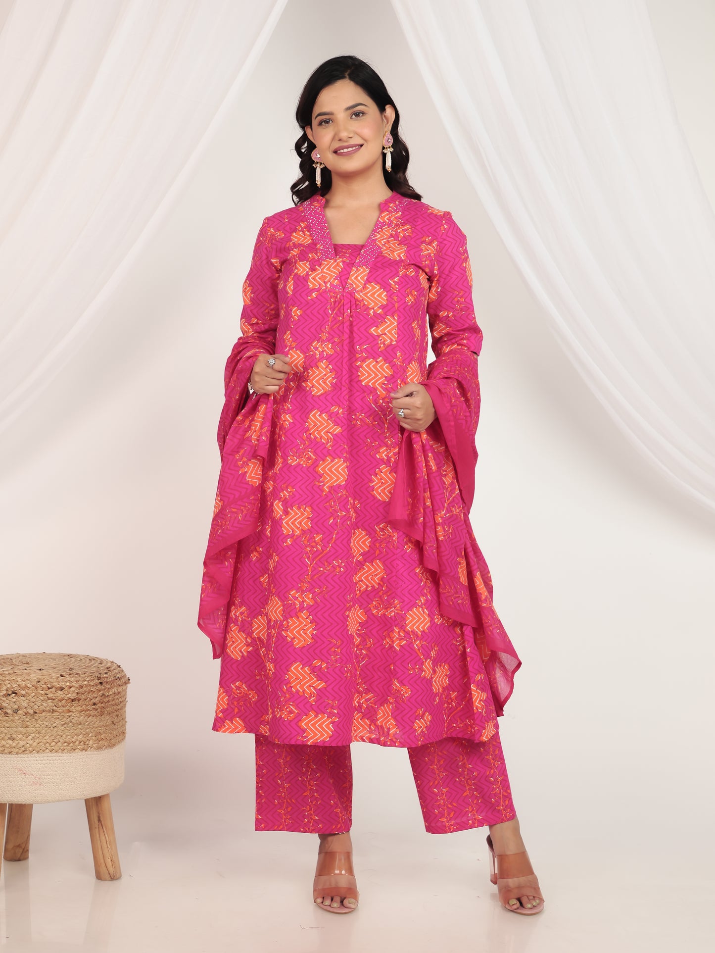 Voile Cotton Floral Pink Dupatta