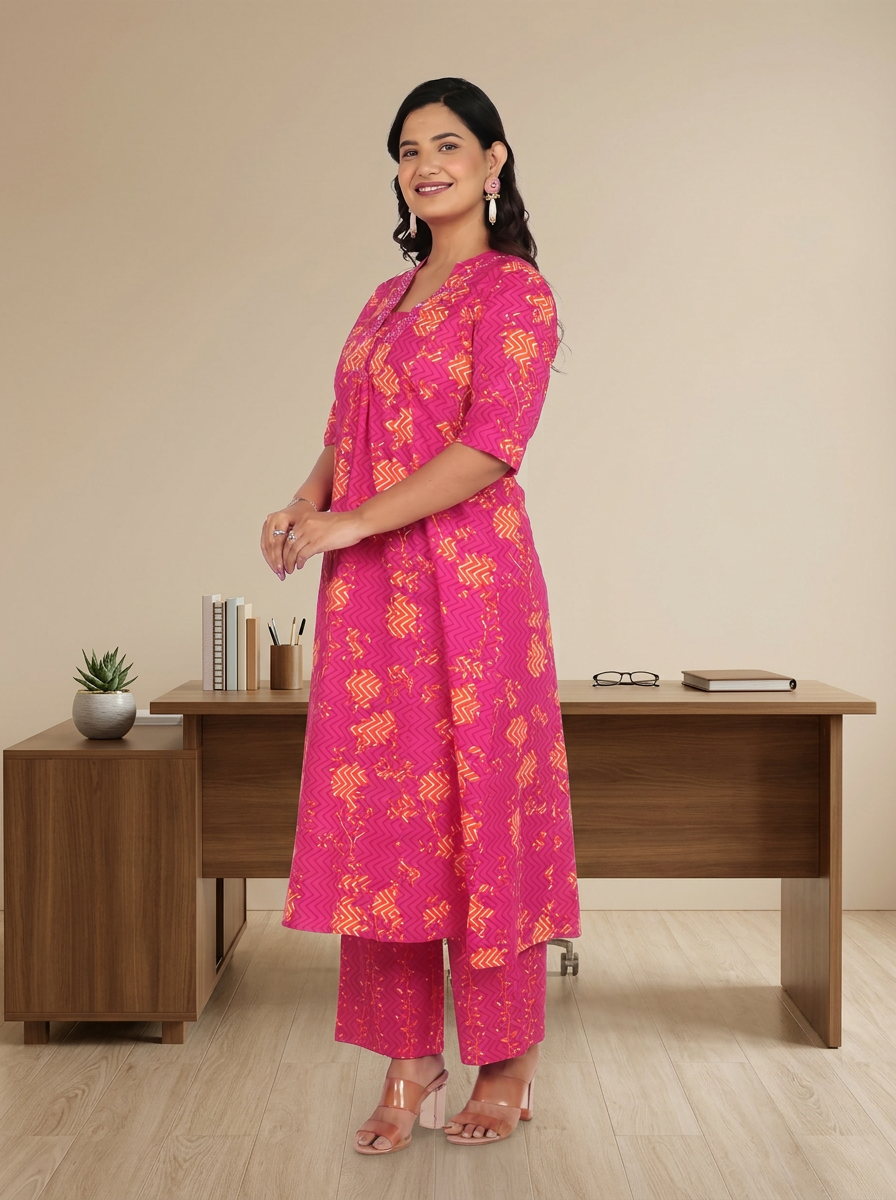 Soft Cotton Floral Flared Pink Kurta