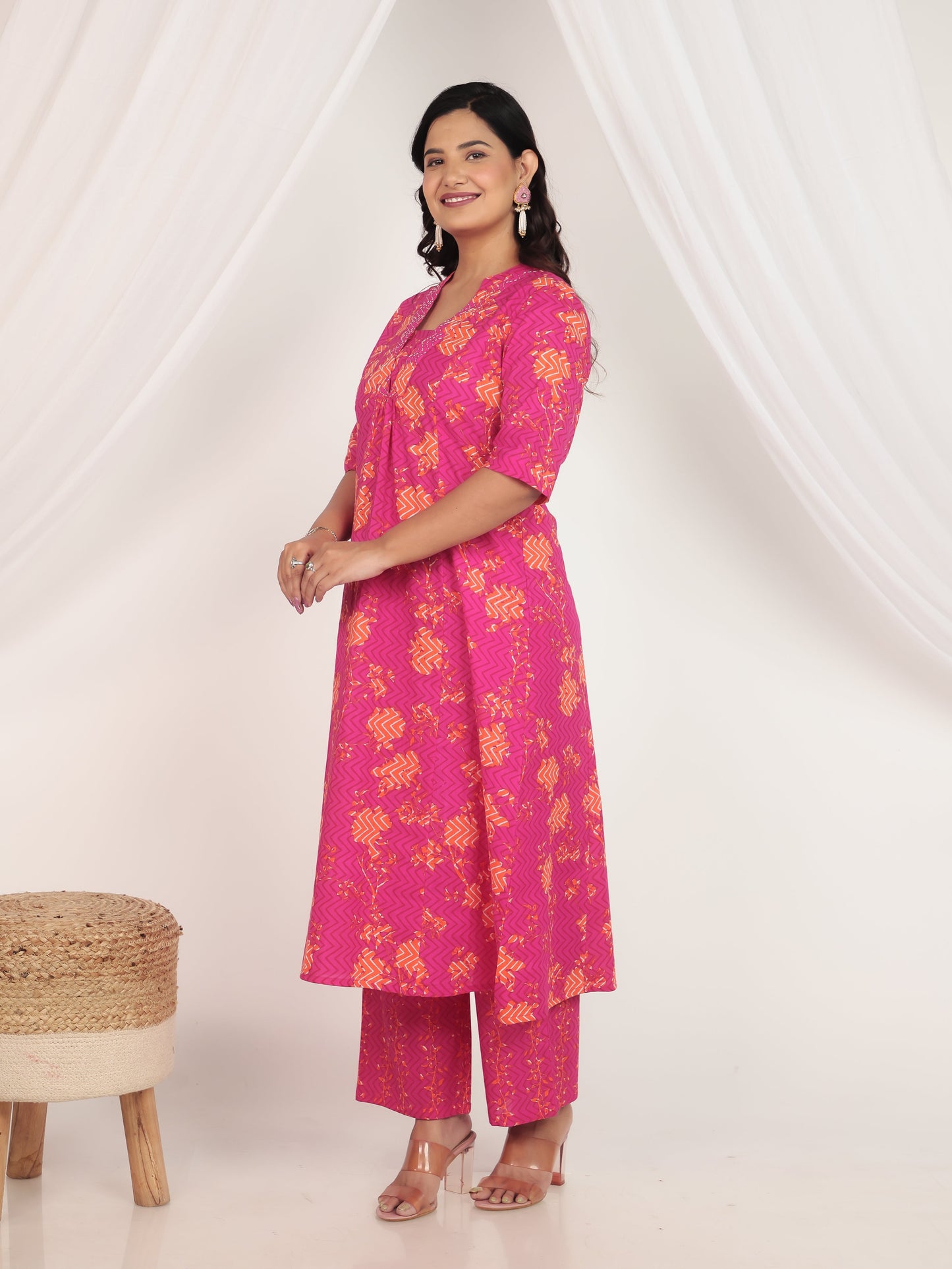 Soft Cotton Floral Flared Pink Kurta