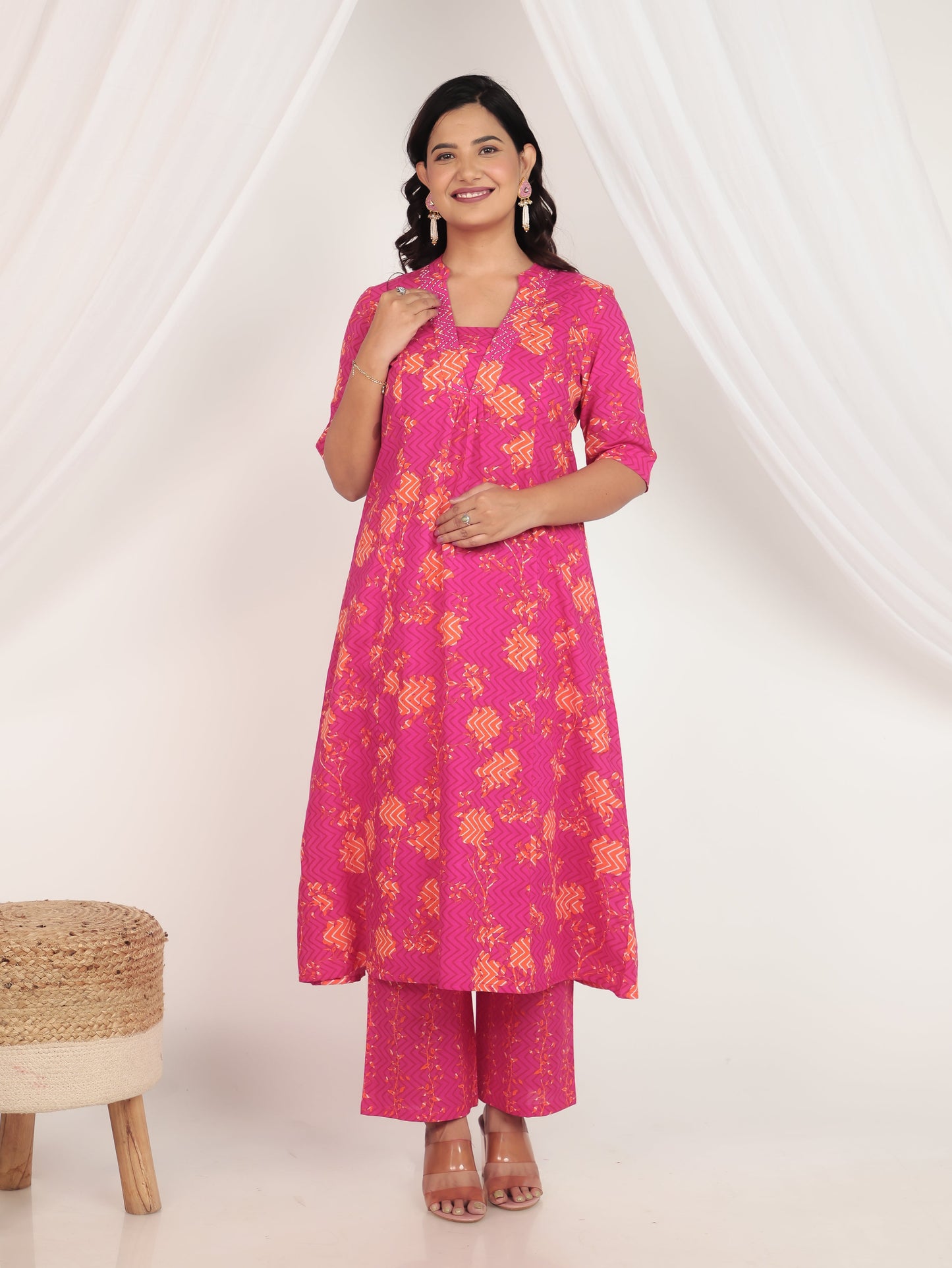 Soft Cotton Floral Flared Pink Kurta