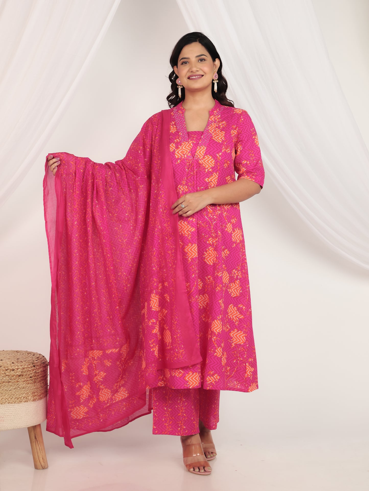 Soft Cotton Floral Flared Pink Kurta