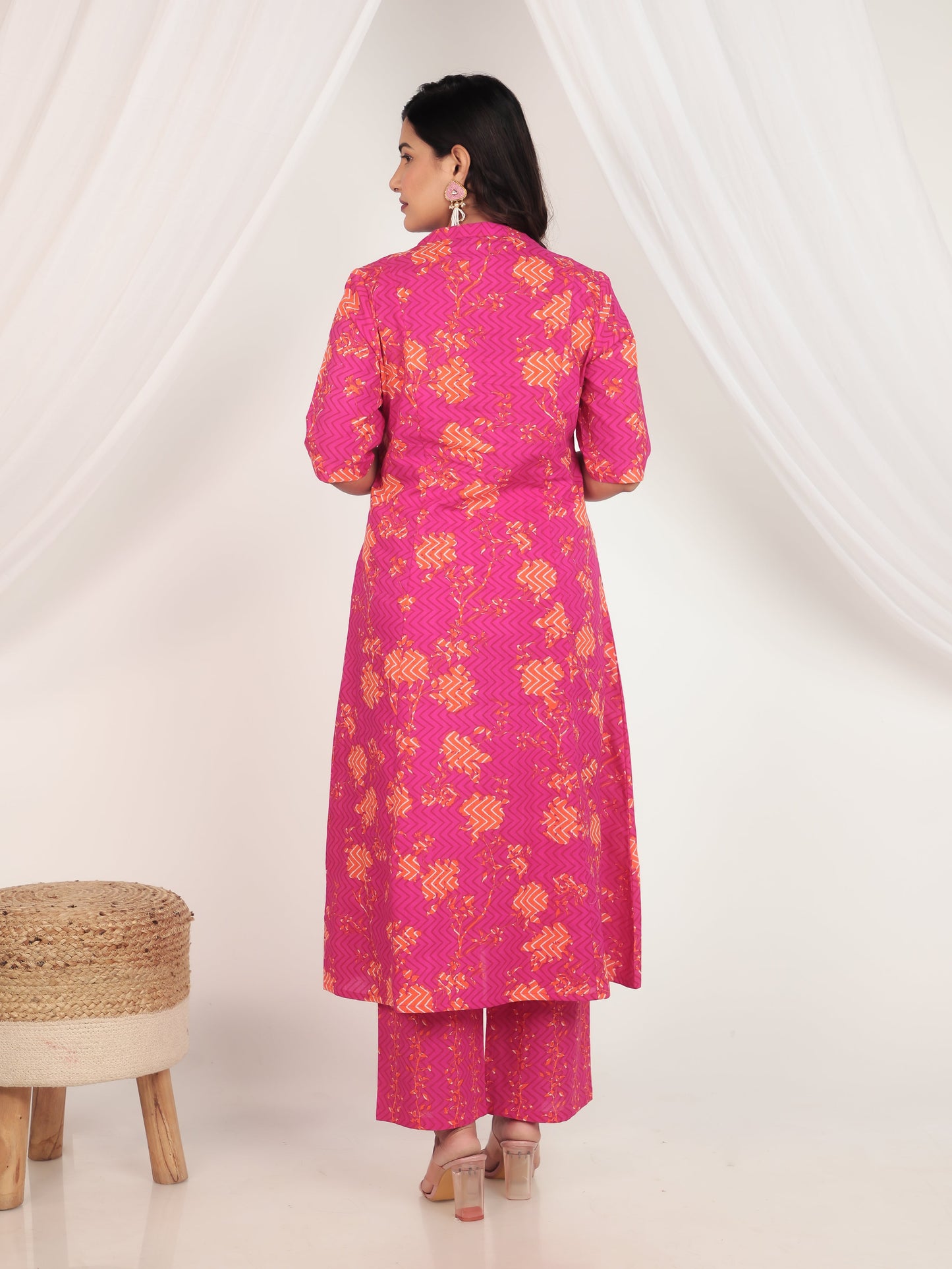 Soft Cotton Floral Flared Pink Kurta