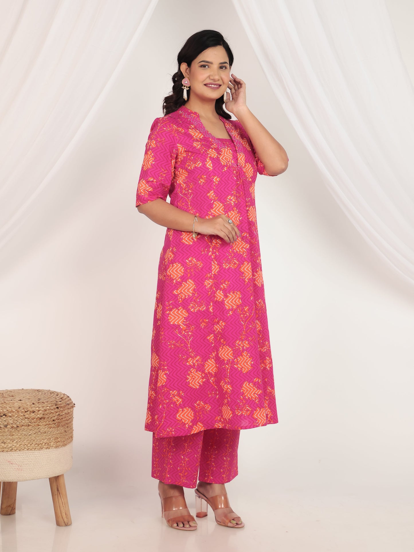 Soft Cotton Floral Flared Pink Kurta