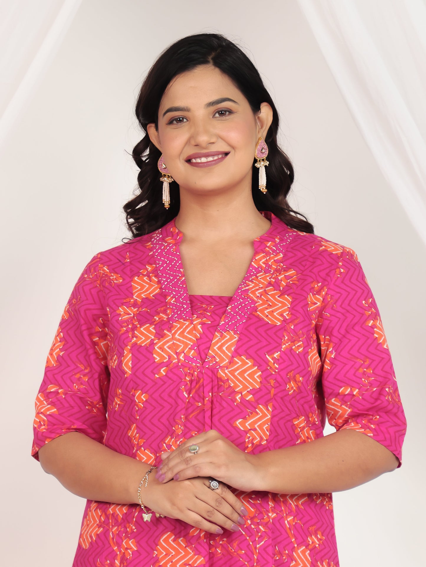 Soft Cotton Floral Flared Pink Kurta