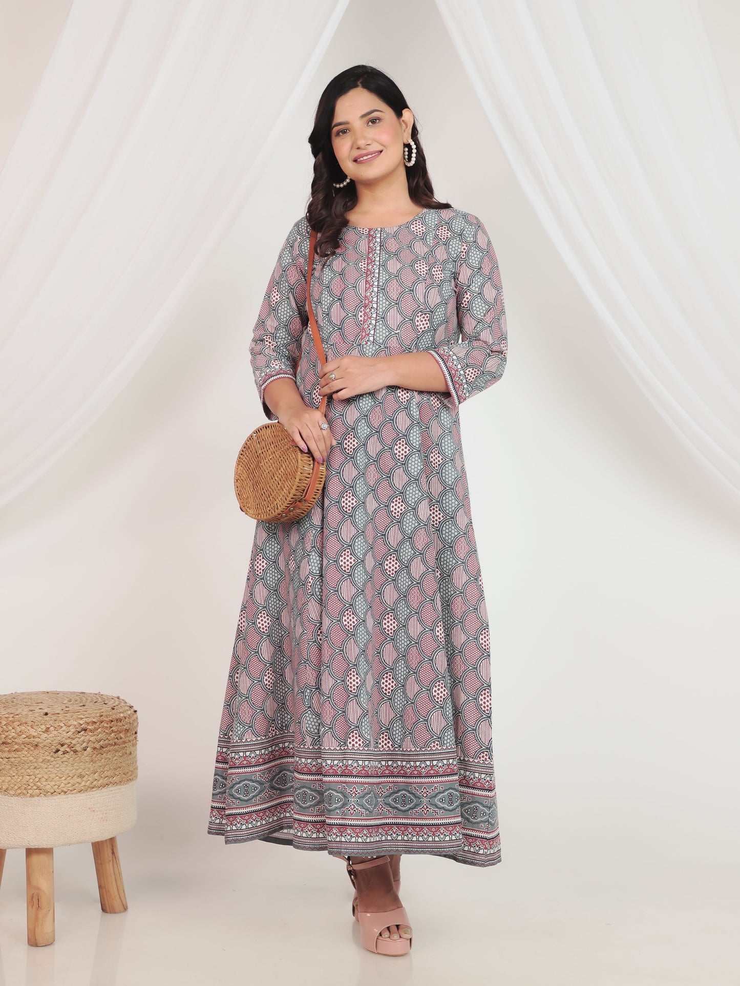 Embroidered Soft Cotton Geometric Anarkali Red Dress