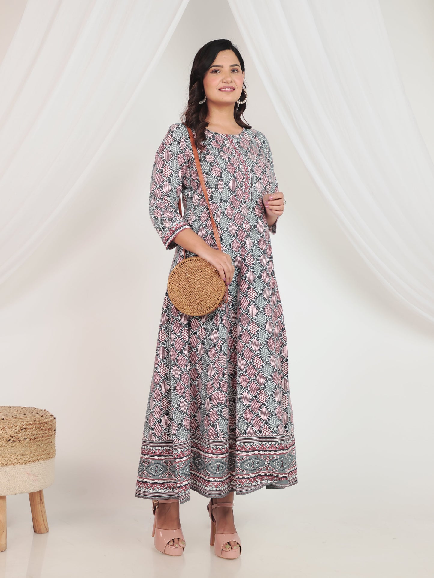 Embroidered Soft Cotton Geometric Anarkali Red Dress