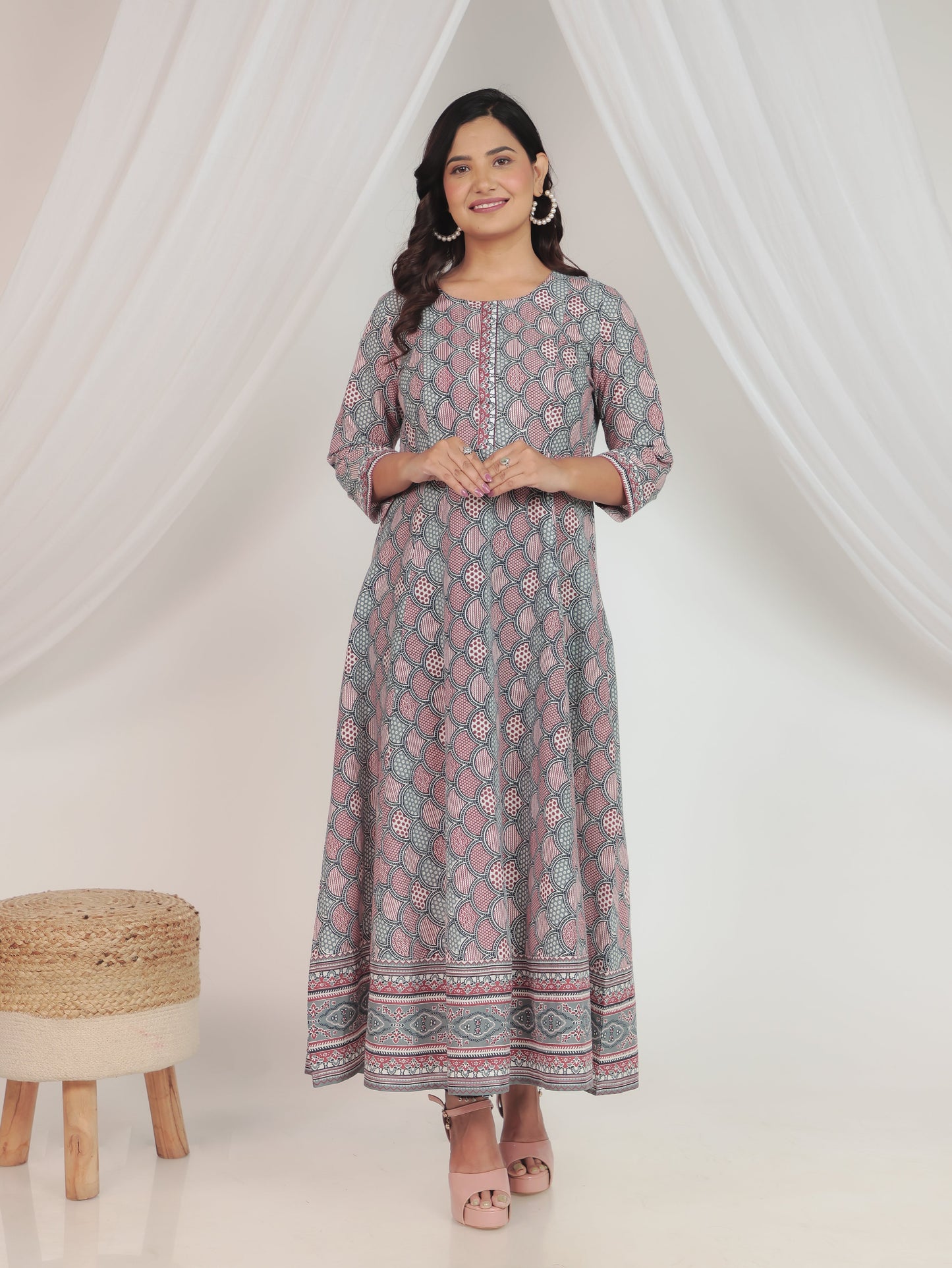 Embroidered Soft Cotton Geometric Anarkali Red Dress