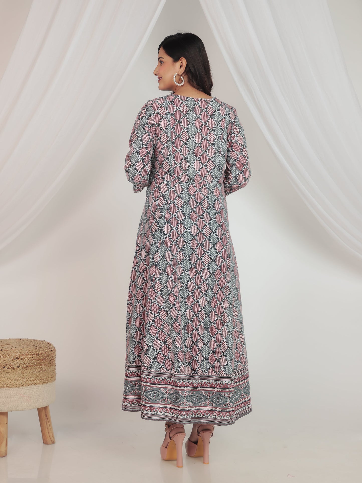Embroidered Soft Cotton Geometric Anarkali Red Dress
