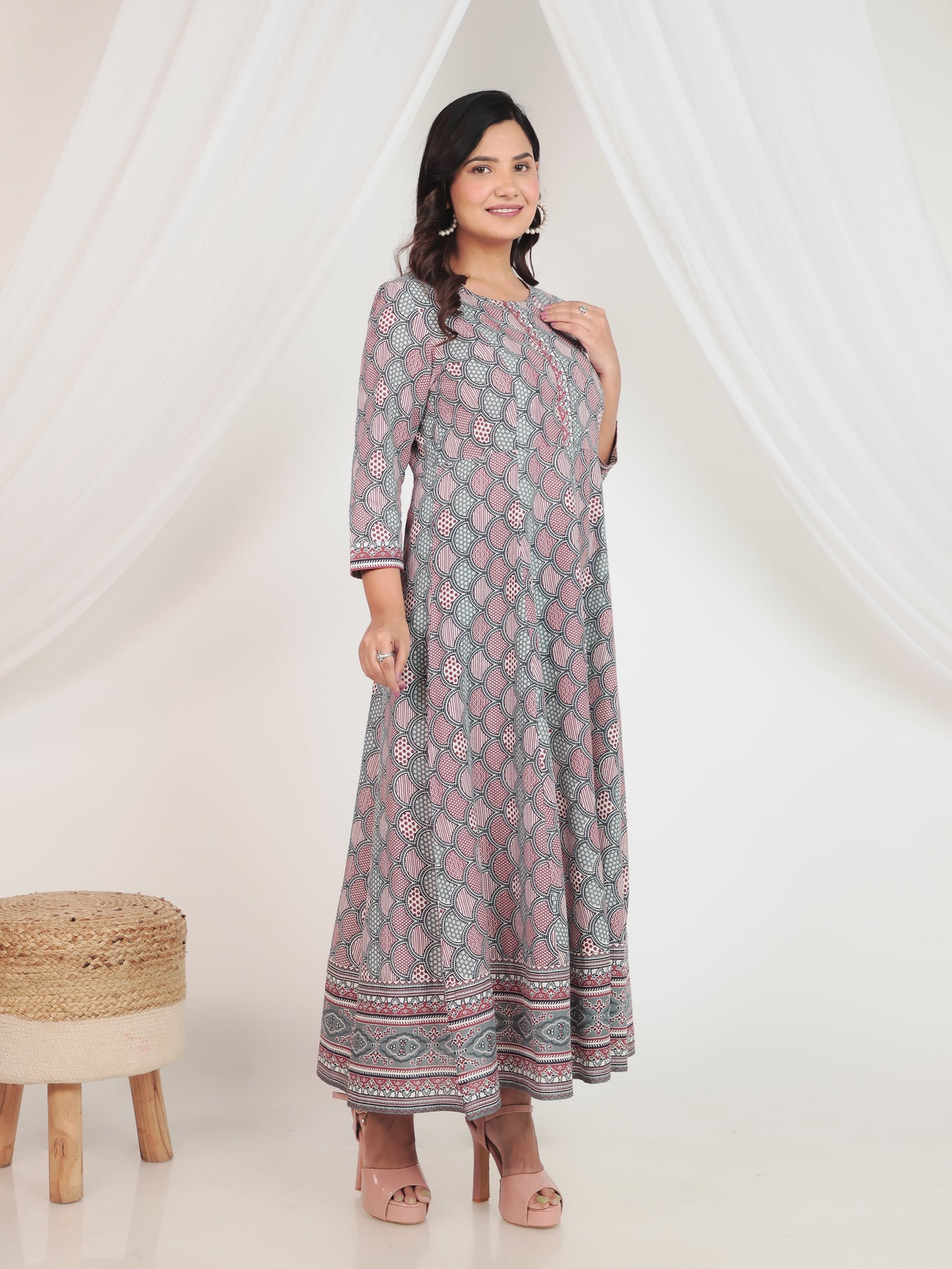 Embroidered Soft Cotton Geometric Anarkali Red Dress