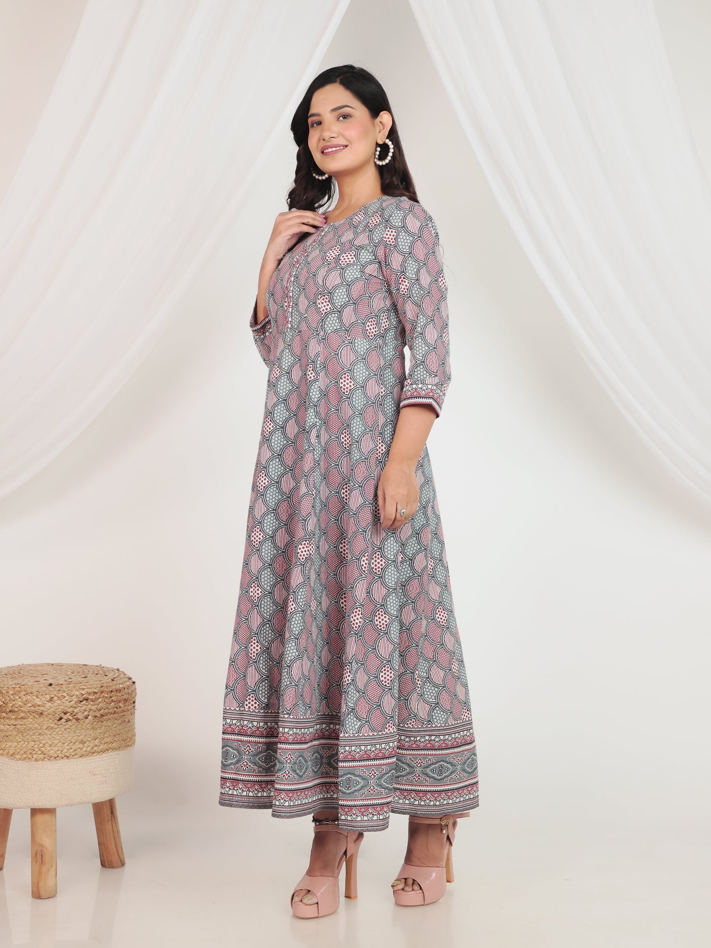 Embroidered Soft Cotton Geometric Anarkali Red Dress